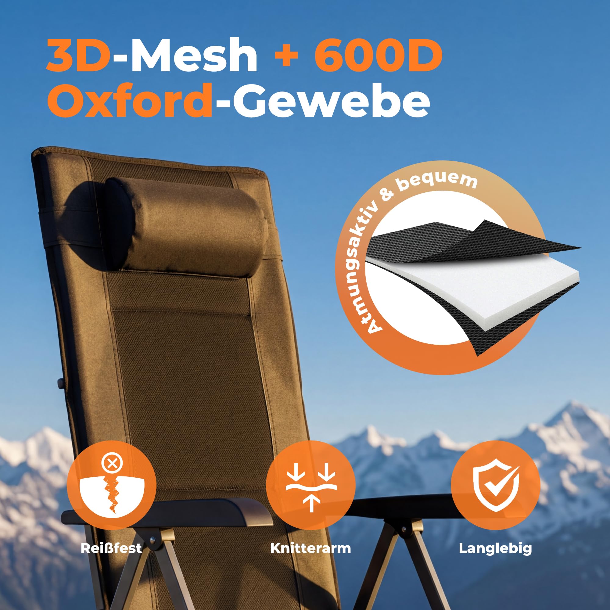 Campingstuhl Faltbar mit Gepolstert Kopfstütze Hochlehner, 150 kg Belastbar