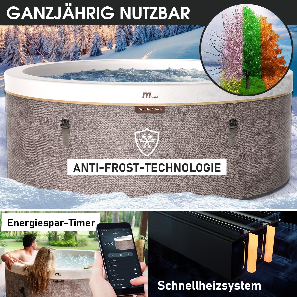 BRAST Whirlpool MSpa Cocoon für 6 Personen mit Schaumstruktur | Ø180x65cm | 130 Massagedüsen in 3 Intensitäten | In- Outdoor Pool | Ganzjähriger Einsatz Winterfest | einfache Steuerung per App