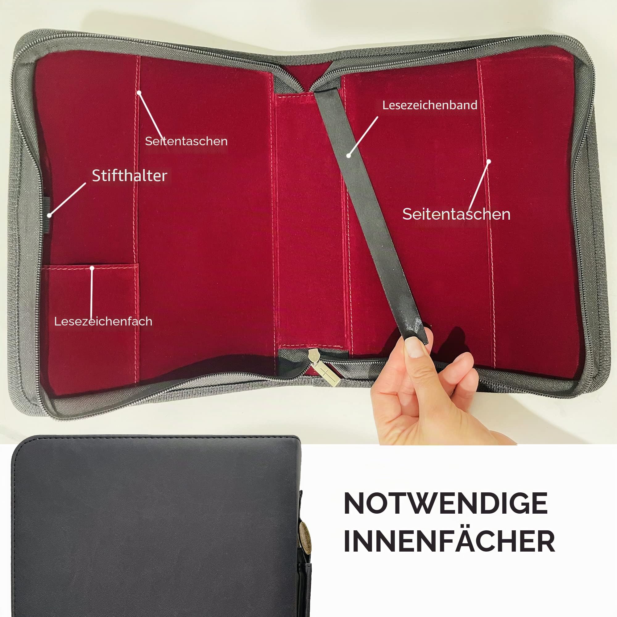 DEHITE Bibelhülle für Damen und Herren, Leder-Bibel-Tragetasche, groß, mittelgroß, passend für Bücher 17,8 x 25,7 x 4,8 cm, Stiftfächer, Reißverschlussfach, hochwertiges Kunstleder, schwarzes