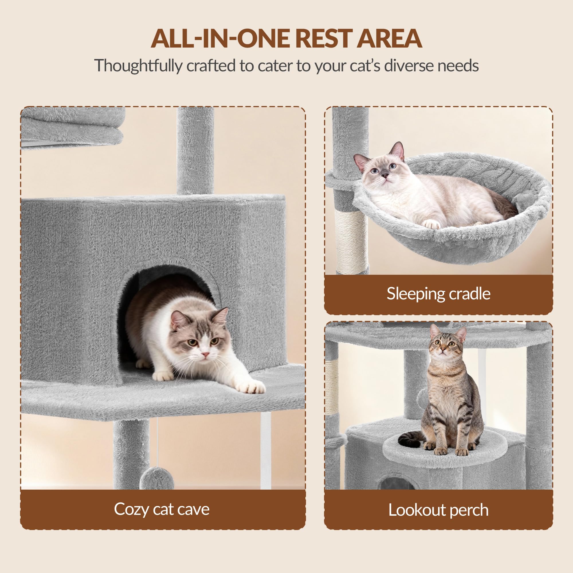 Árbol Rascador para Gatos 175 cm, Torre para Trepar, Gris Claro | Postes Rascadores, 2 Cómodas Casetas, 2 Perchas, 2 Cestas, Hamaca, para Uso en Interiores FPMS006FG1