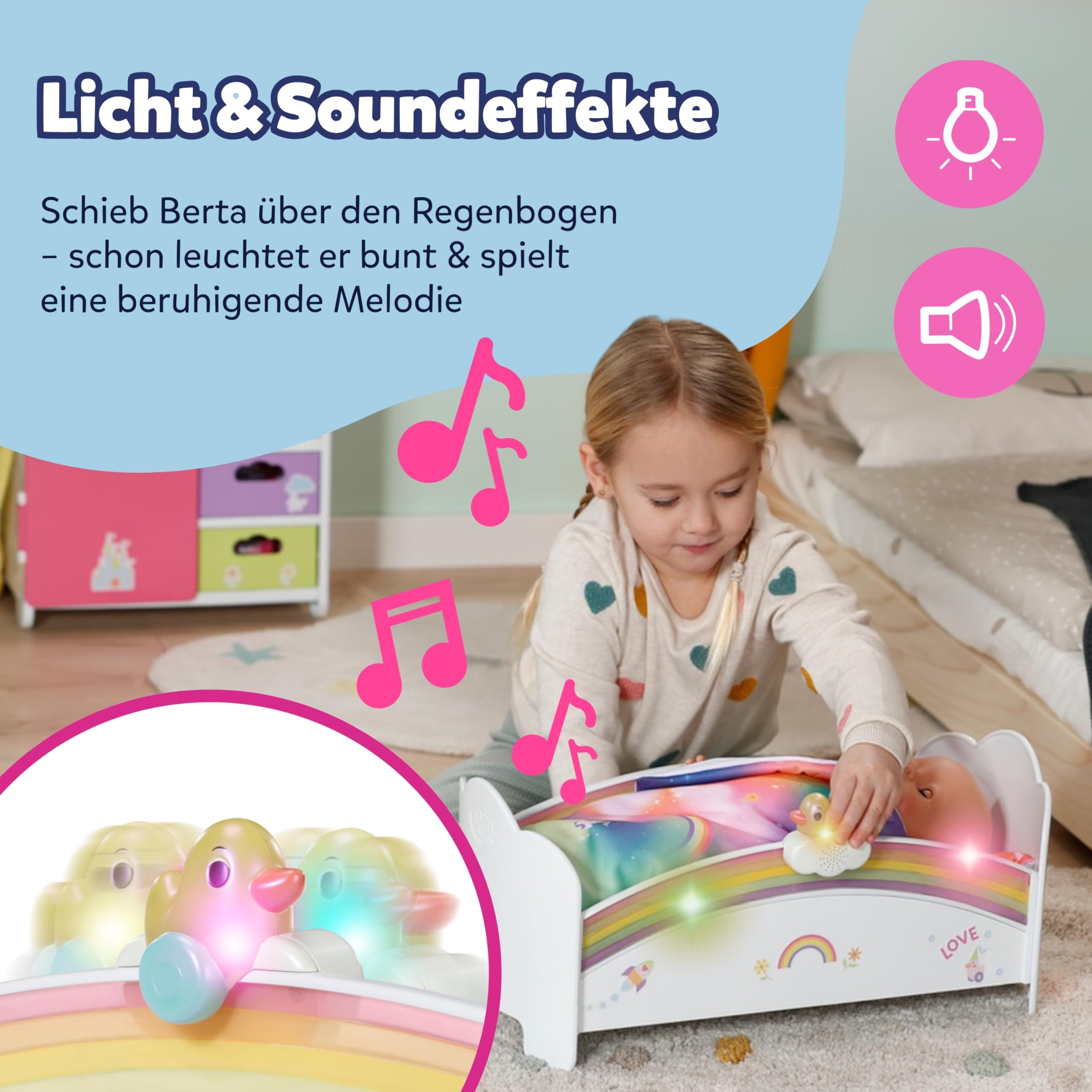 BABY born Regenbogenbett - Puppenbett mit Regenbogenlicht & beruhigender Einschlafmelodie - Hochwertiges Puppen Zubehör inkl. Wendebettwäsche & Stickern - Geeignet für Kinder ab 3 Jahren