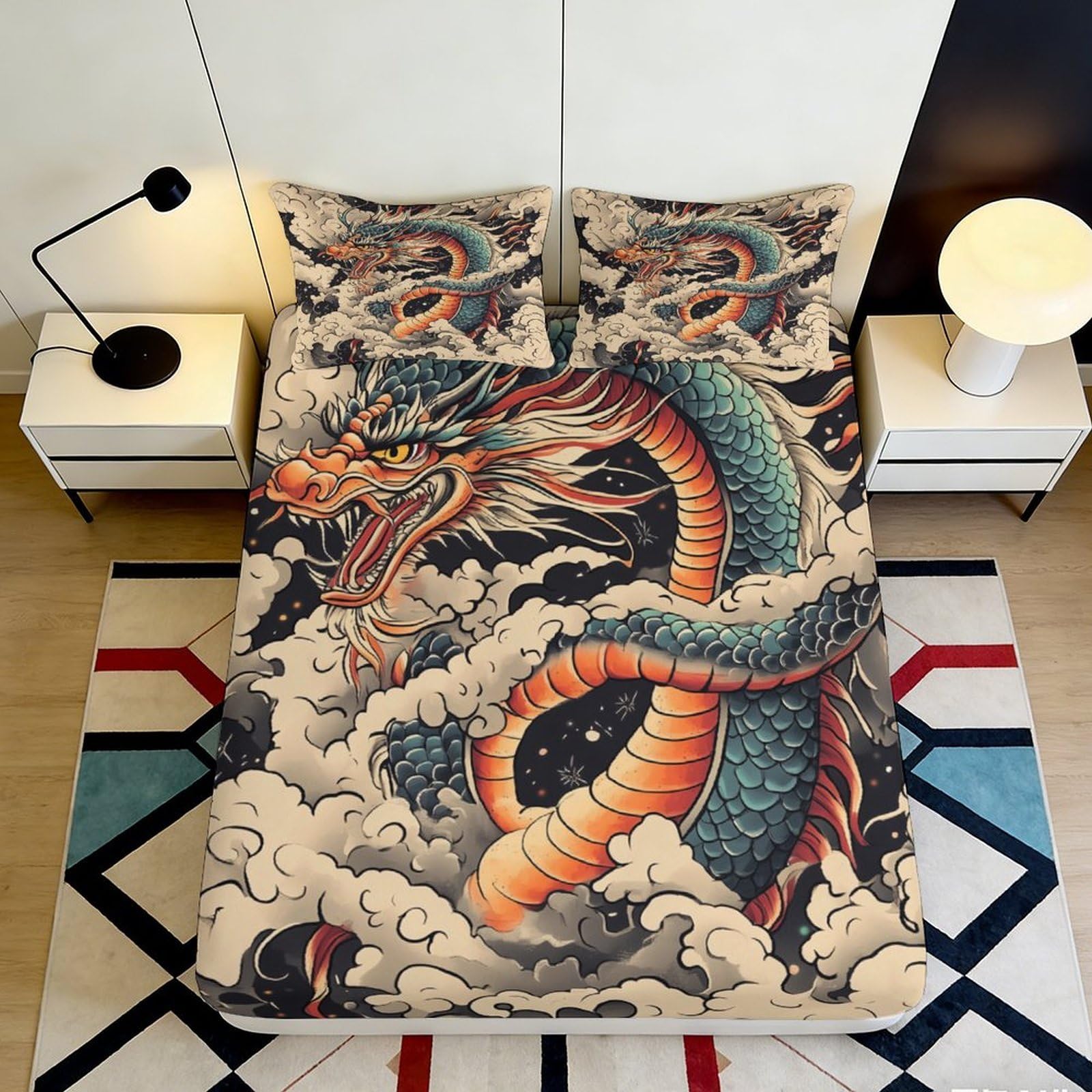 3D Printed Oriental Dragon Fitted Sheet Microfiber Soft Anti-Slip Mattress Cover for Bedroom Dorm Home Decor 90x200x25cm