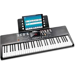 Trompeta Con Teclado RockJam Teclado compacto de 61 teclas con soporte para partituras, fuente de alimentación, pegatinas para notas de piano y lecciones sencillas de piano, color negro
