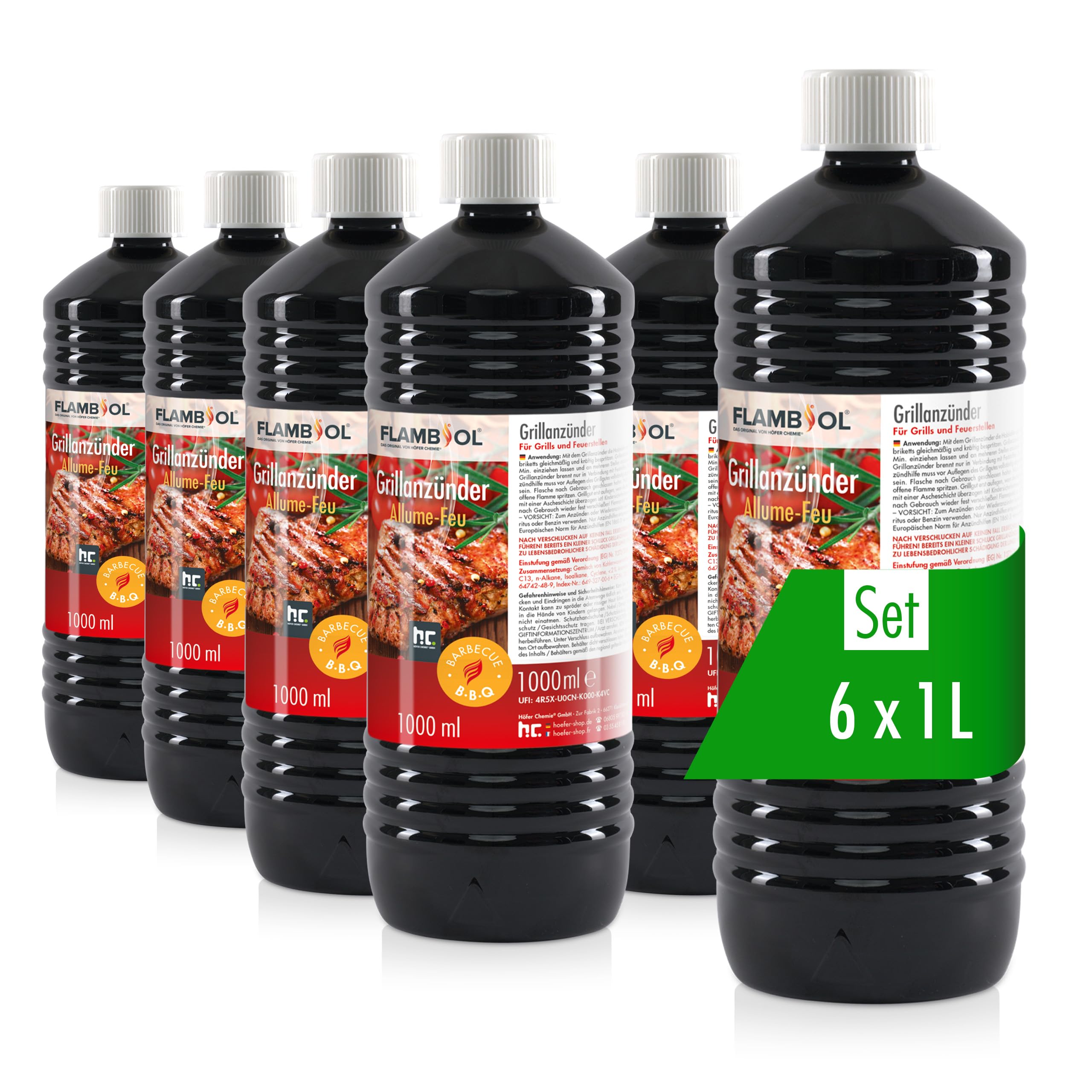 Höfer Chemie Allume-Feu Liquide pour Barbecue 6 x 1 L – Allume - Barbecue à Base de Paraffine, Haute Pureté, Inodore, avec Fermeture Sécurisée Enfant