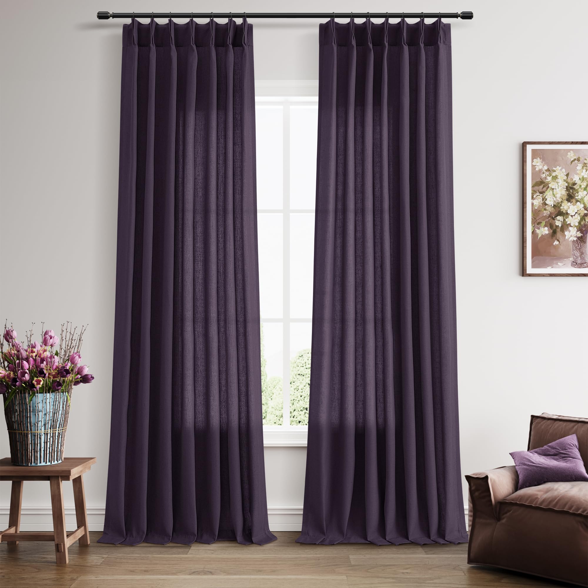 Photo 1 of Plum Purple Pinch Pleated Linen Curtains 108 Inch Length 2 Panels Set for Living Room Bedroom Vintage Farmhouse Country Privacy Light Filtering Semi Sheer Back Tab Drapes with Hooks for Nursery 40x108
