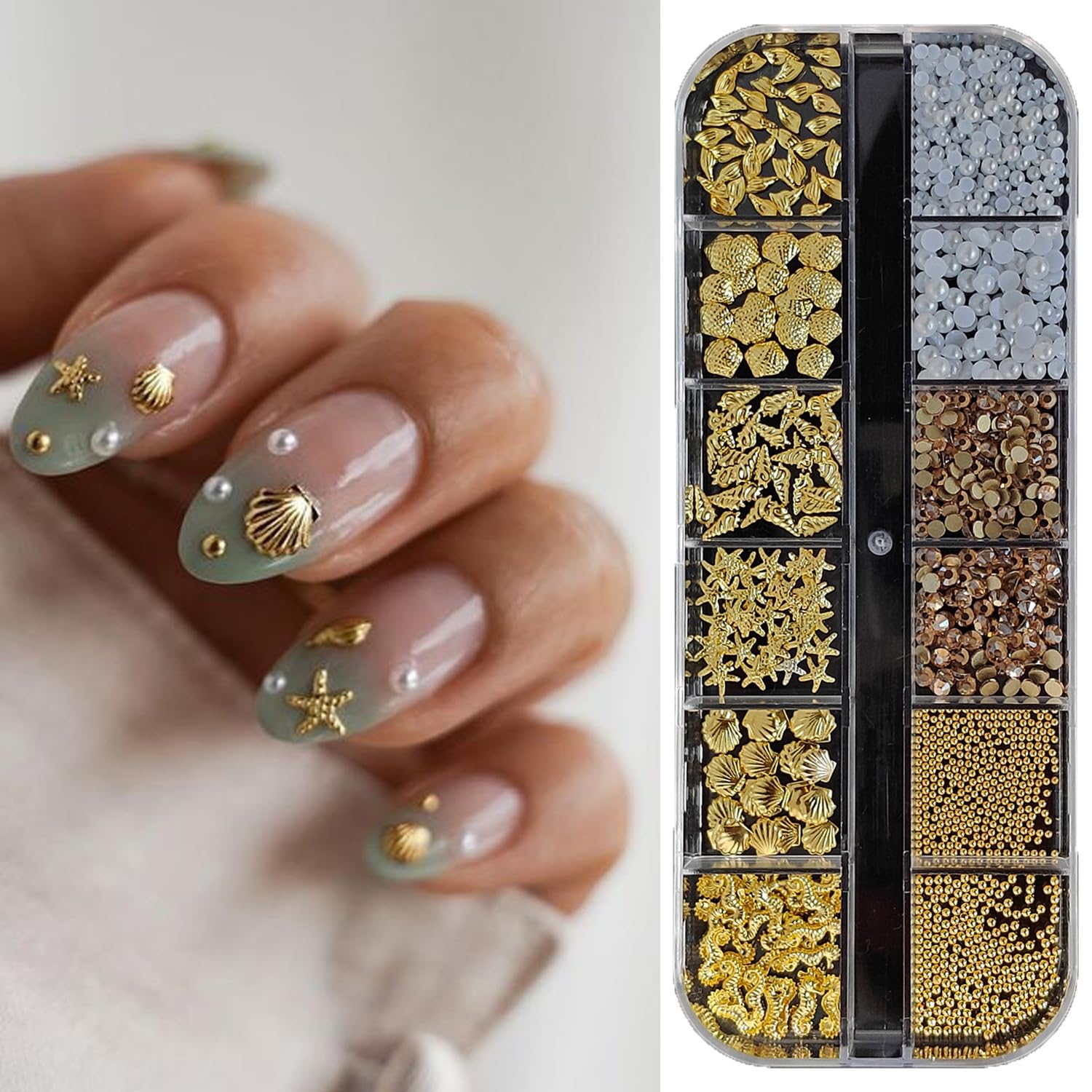 S.A.V.I 3D Beach Theme Nail Art Kit | Gold Metal Seashell, Starfish & Seahorse Charms with Pearls and Rhinestones | Multi Size Flat Back | 12 Grid Storage Box-image-44