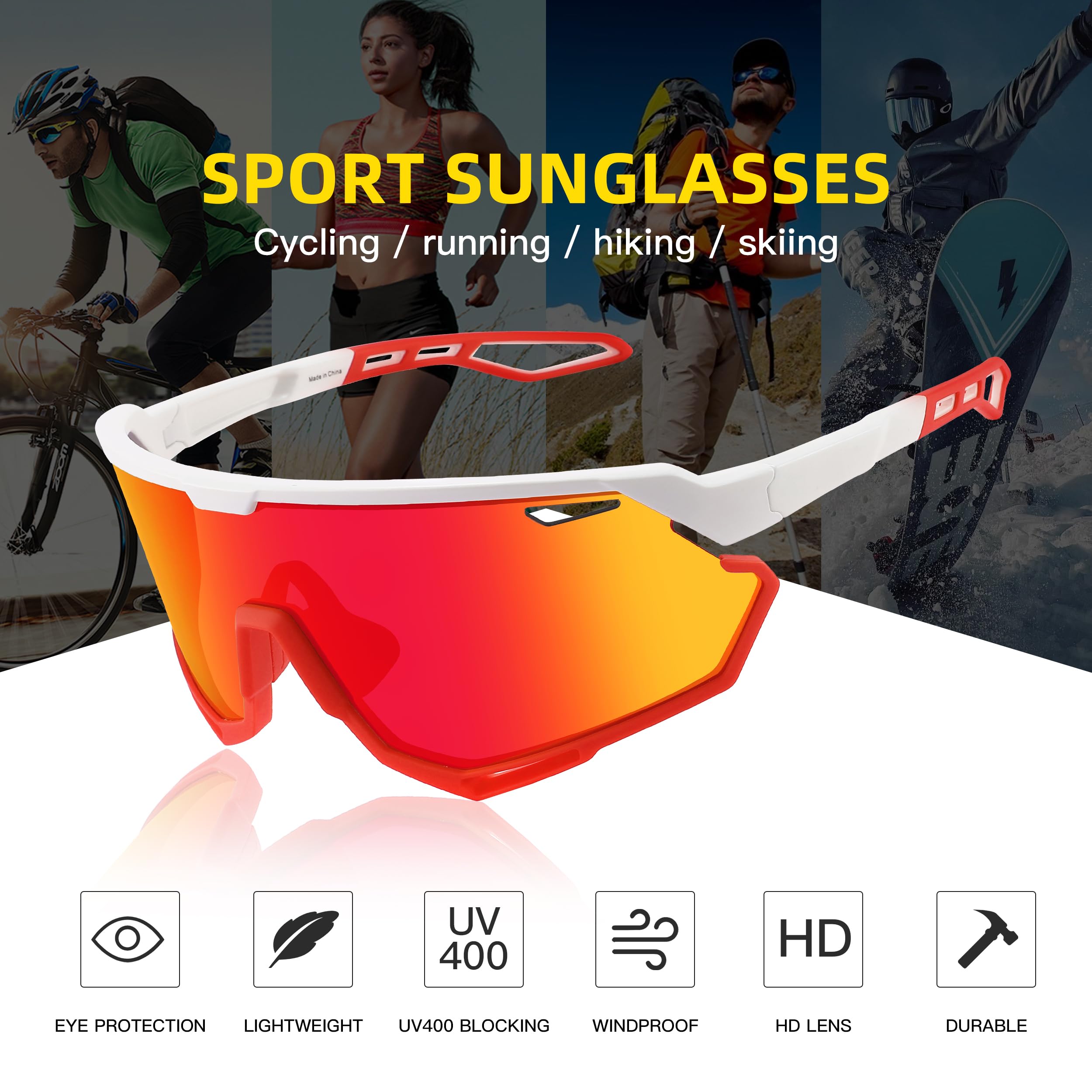 SINSPORT eyewear Occhiali da Ciclismo per Uomo Donna, Occhiali da Sole Sportivi Occhiali MTB per Bici Running Baseball Correre Anti-UV400