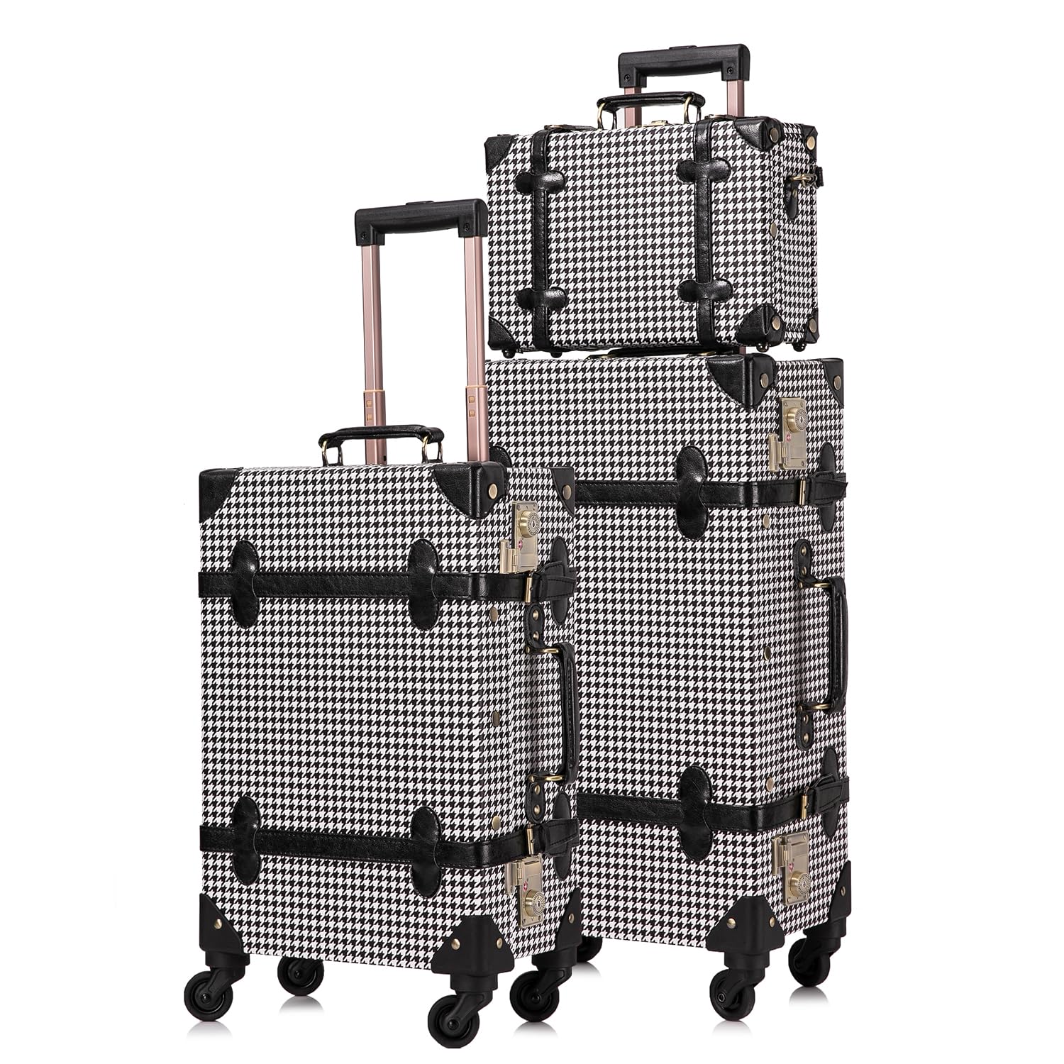 UNIWALKER Vintage Suitcase Set, 3 Piece Retro Spinner Trunk, TSA-Approved Travel Luggage with Cosmetic Train Case for Women, Grid, 26"+20"+12"
