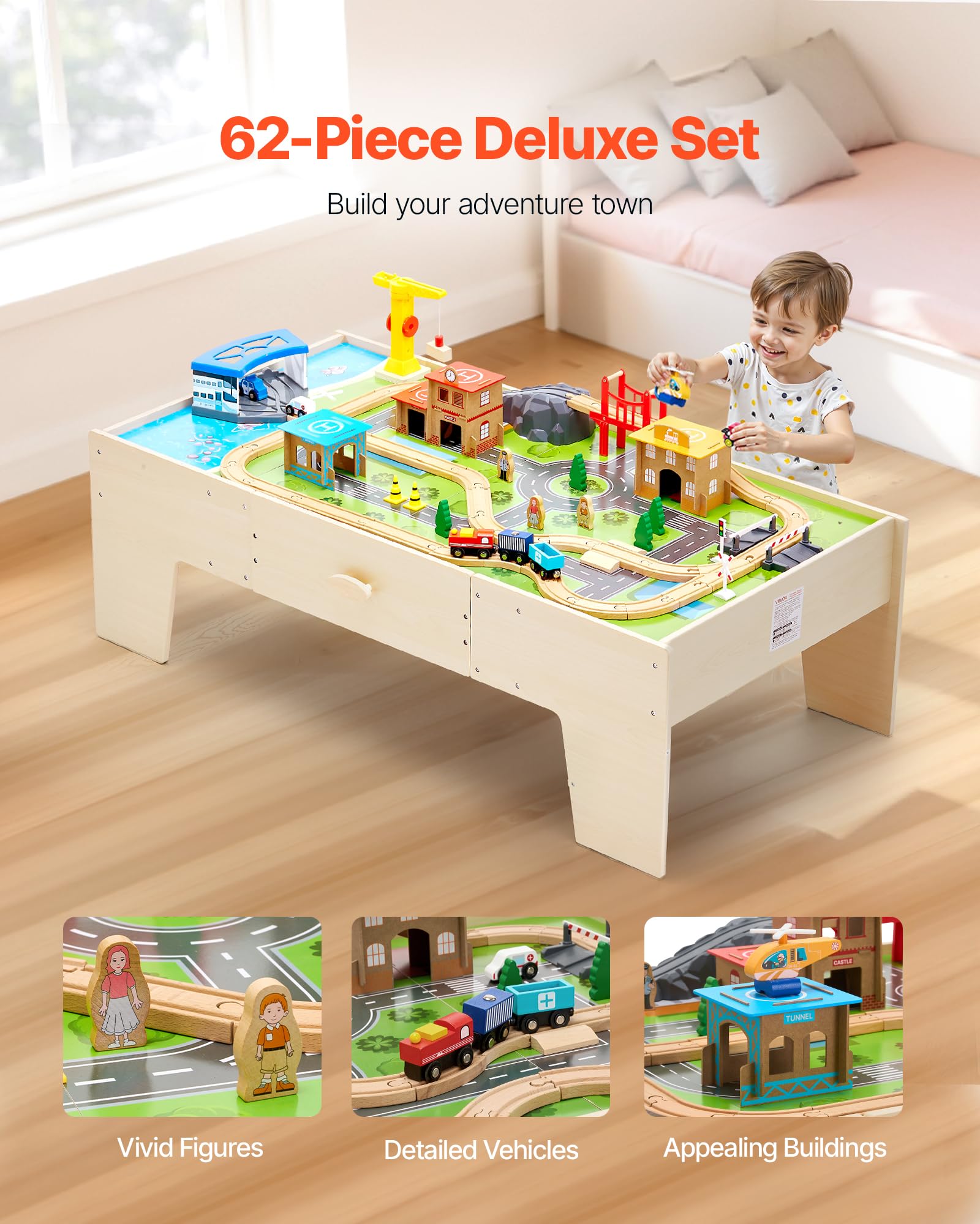 VEVOR Holz Aktivitätstisch, 62-teilig, Kindertisch mit großer Schublade, 3-in-1-Eisenbahnset zum Spielen, Malen, Lesen, Essen, kreatives Spielzeugset für Kinder ab 3 Jahren