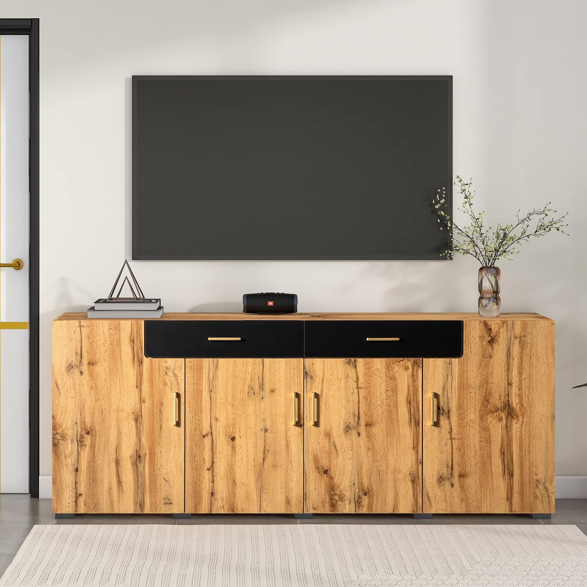 Merax Sideboard Kommode mit 2 Schubladen&4 Schränken, Sideboard Holz Küchenschrank Buffet Beistelltisch mit Griffen, Farmhouse Design, Braun/208 x 39.5 x 80CM