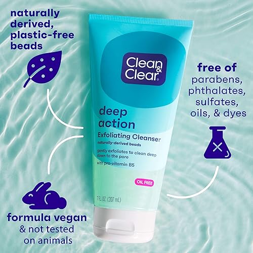 Vista 5 de Clean & Clear Deep Action Limpiador facial exfoliante, exfoliante y lavado facial, provitamina B5, ácidos lácticos y glicólicos, exfoliante diario