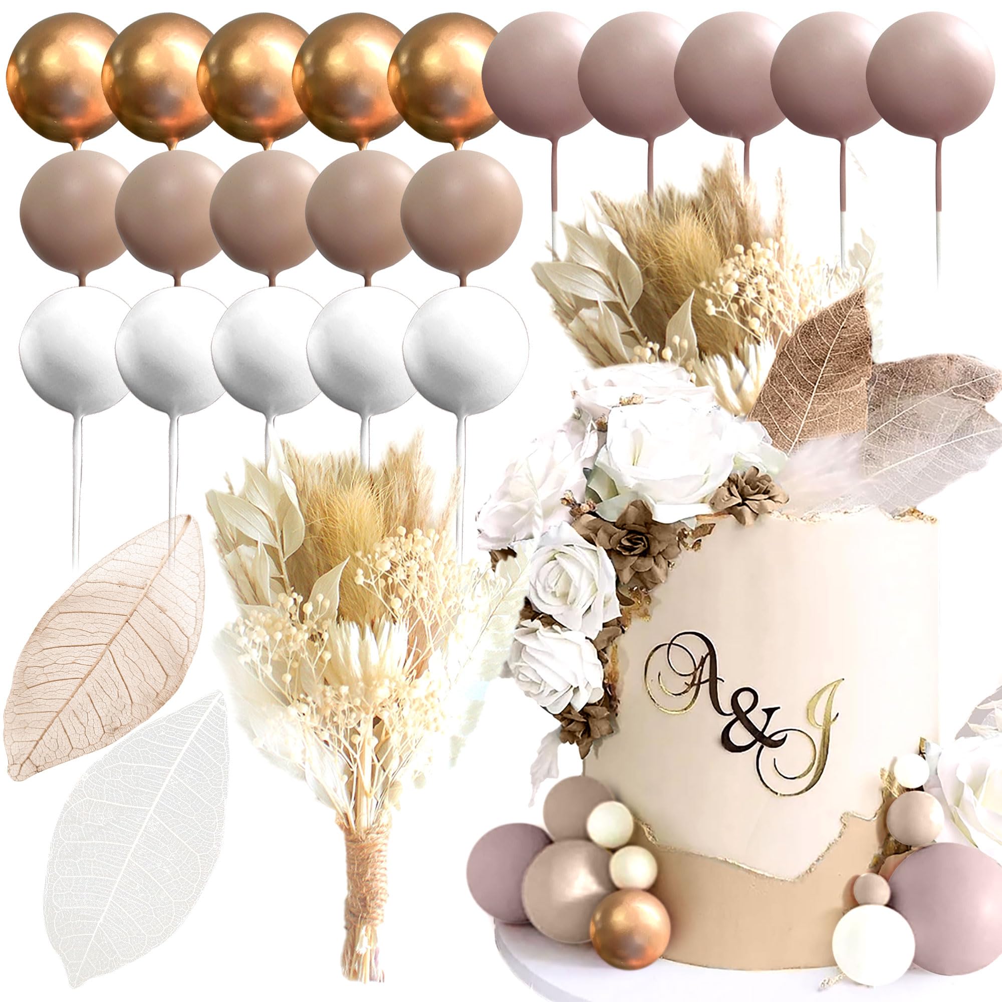 JeVenis Brown Beige Balls Boho Cake Toppers Boho Cake Decorations Cake Flowers Decorations Floral Cake Topper Flower Cake Topper for Wedding Baby Shower Birthday Party