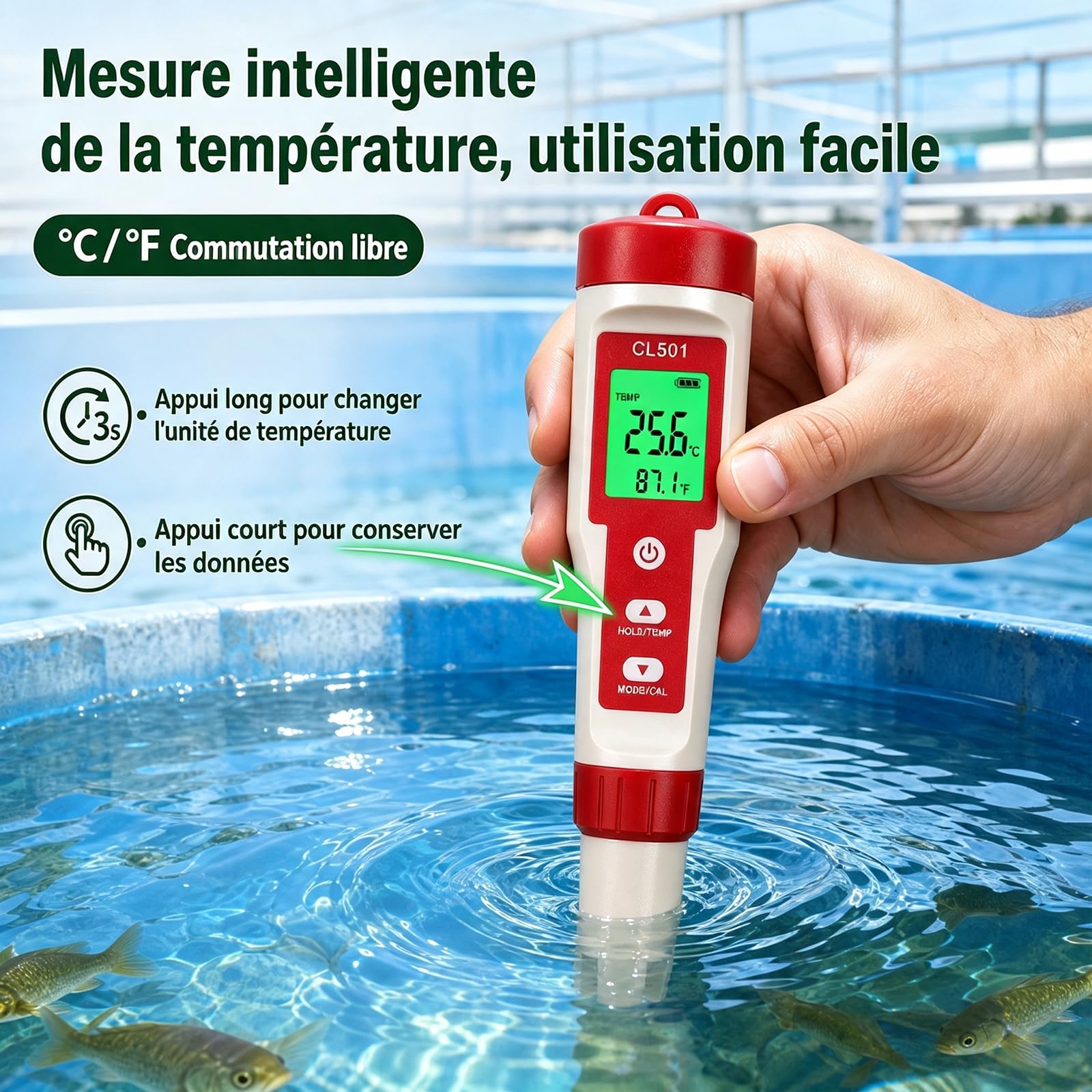 Testeur de pH et de chlore de piscine, testeur de pH numérique 5 en 1, pH chlore ORP H2 mesurable, testeur d'eau pour piscines, hydroponiques, aquariums, eau potable