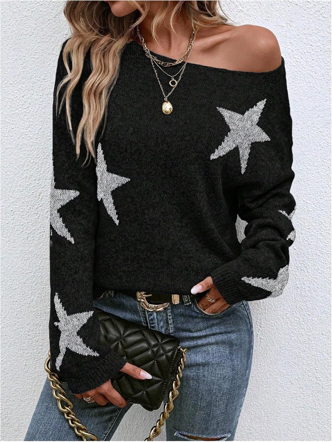 MakeMeChic Women's Star Print Boat Neck Sweater Long Sleeve Lightweight Pullover Top - Image 3