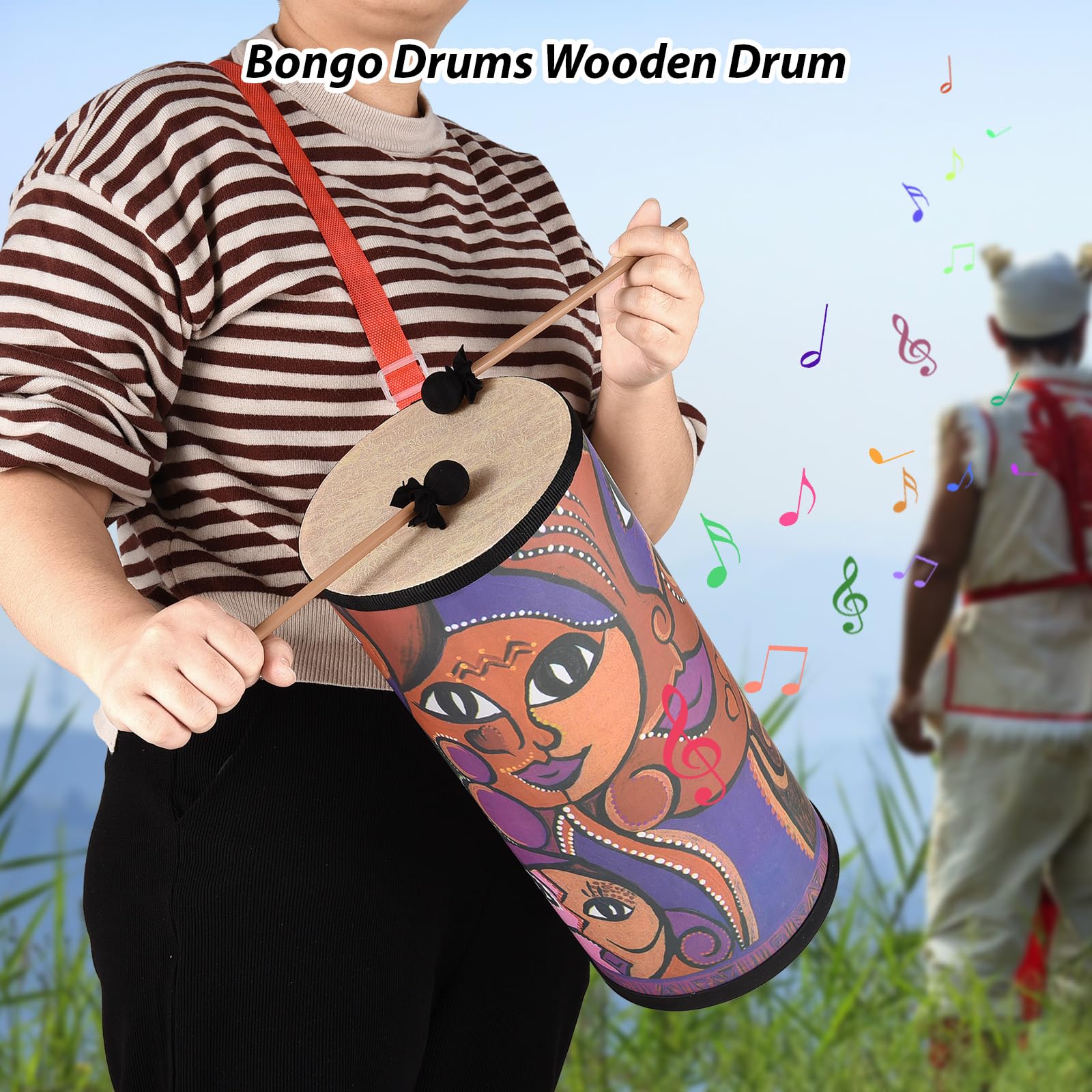 Luocute Bongo da 7 Pollici, Tamburo in Legno con Due Bacchette e Tracolla, Strumento a Percussione Portatile per Adulti, Design Liscio e Senza Sbavature, Coordinazione Occhio-mano e