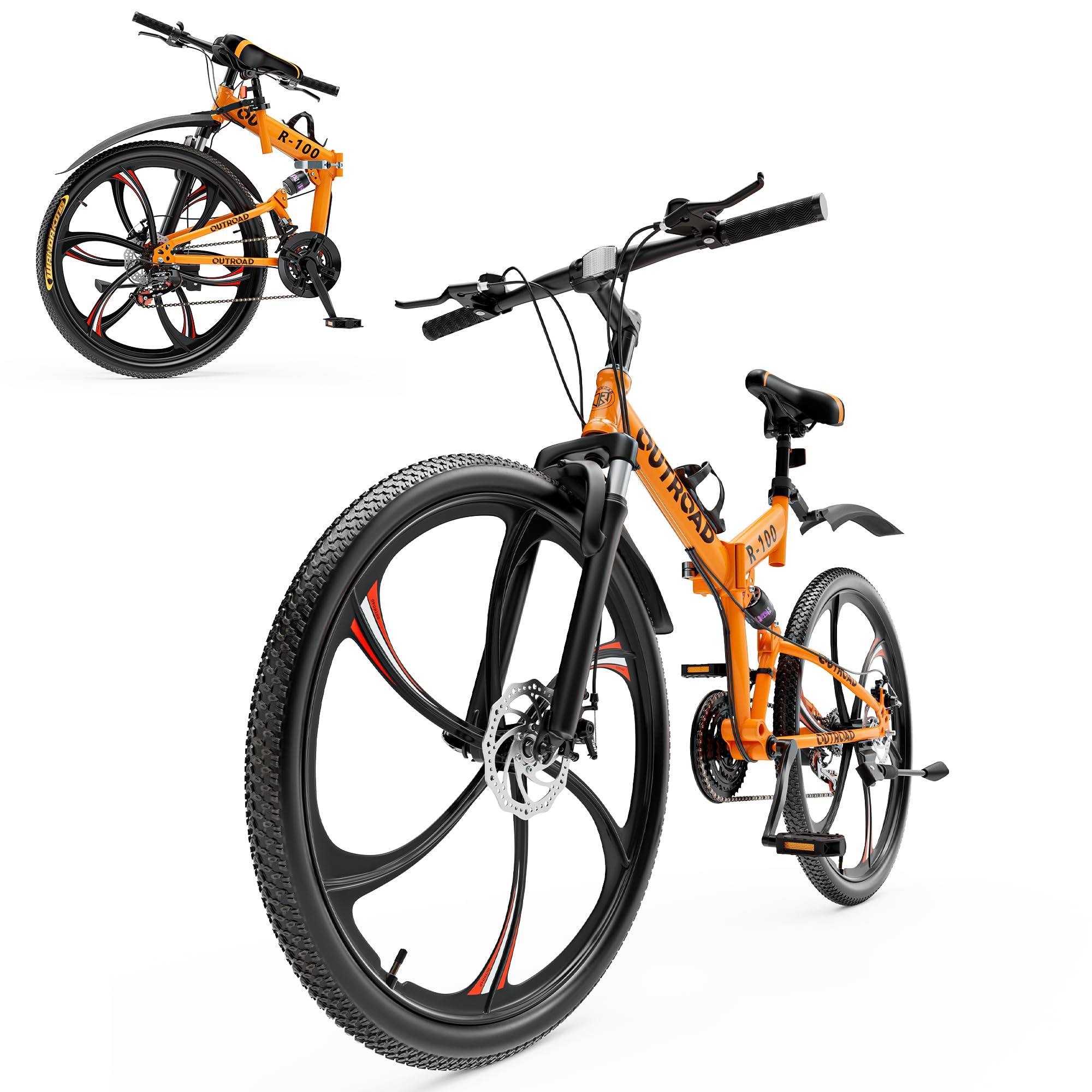 26 Inch Folding Mountain Bike, 21 Speed Full Suspension Bicycle with  High-Carbon Steel, Dual Disc Brake Non-Slip Quick Release tire Folding MTB