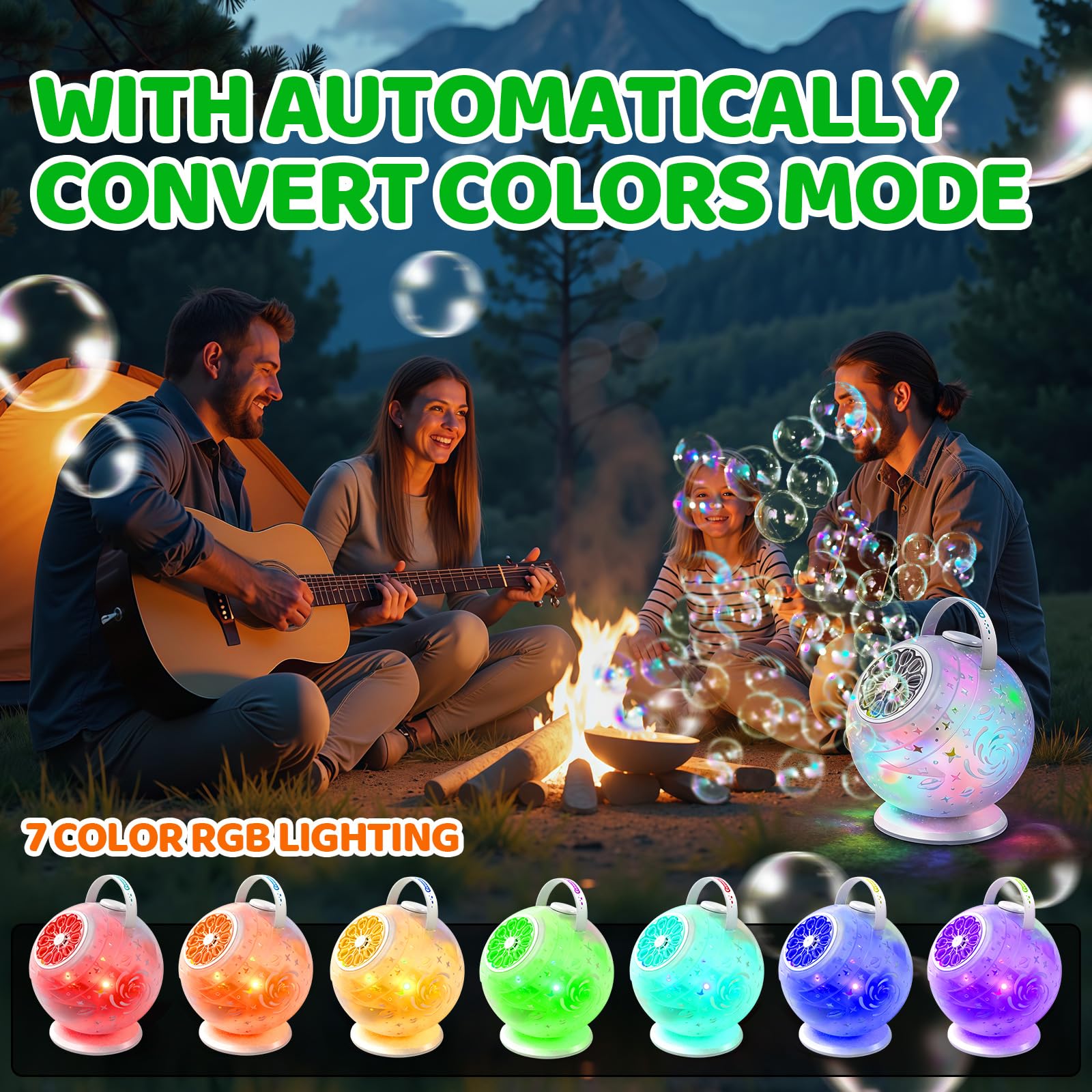 Tecnock Máquina de Burbujas Recargable con Mando a Distancia, Rotación 90°/360°, 20000+ Burbujas/Min, Luces LED de 7 Colores, Batería 1200 mAh, 45 Min de Autonomía, USB-C, para Niños, Fiestas y Bodas