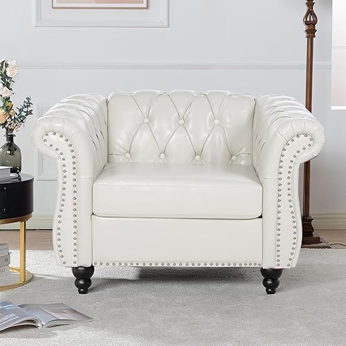 LEVNARY Sillón tapizado de cuero, moderno sofá individual de mediados de siglo con brazos enrollados y cabeza de clavo, silla Chesterfield de piel