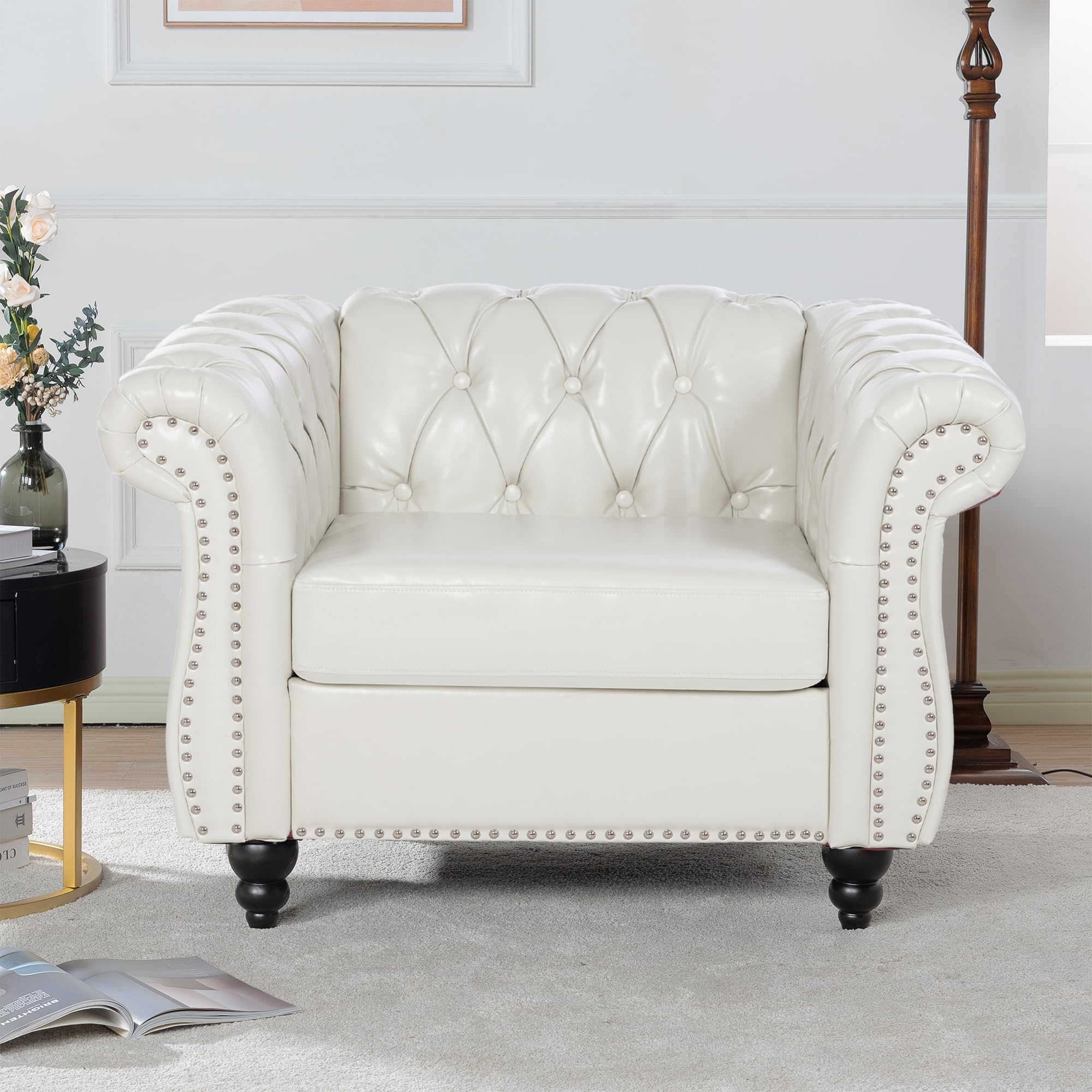 LEVNARY Leather Upholstered Armchair, Mid-Century Modern Single Sofa Chair with Rolled Arms and Nailhead, Tufted Pu Leather Chesterfield Chair for