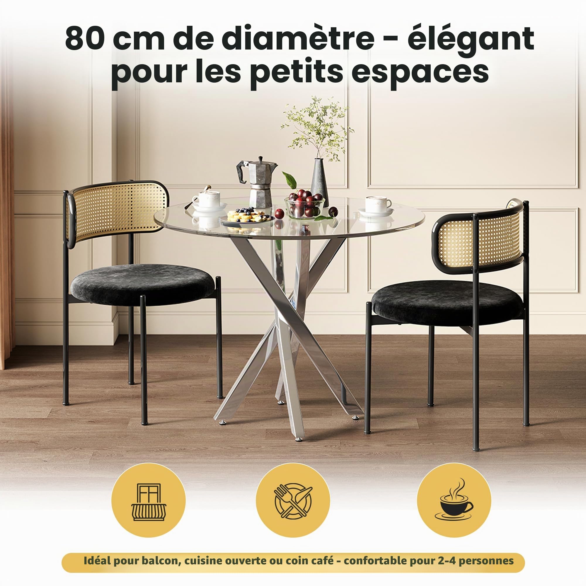 Merax Table à manger ronde, 80 x 80 x 75 cm, en verre moderne, avec plateau en verre trempé, pieds en métal galvanisé en argent, table de cuisine stable pour 2 à 4 personnes, table à café et de