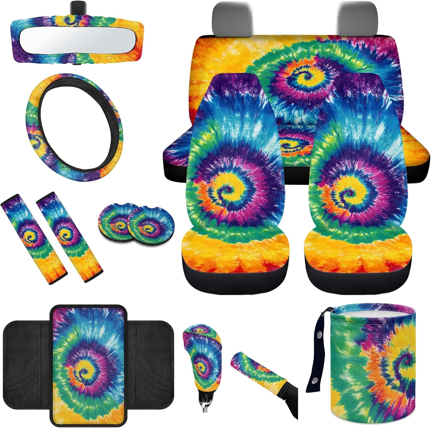 Rainbow Tie Dye Car Seat Cover Full Set of 14 Steering Wheel Cover Seat Belt Covers Trash Can Rear View Mirror Cover Center Console Pad Cup Coasters Handbrake Cover Set