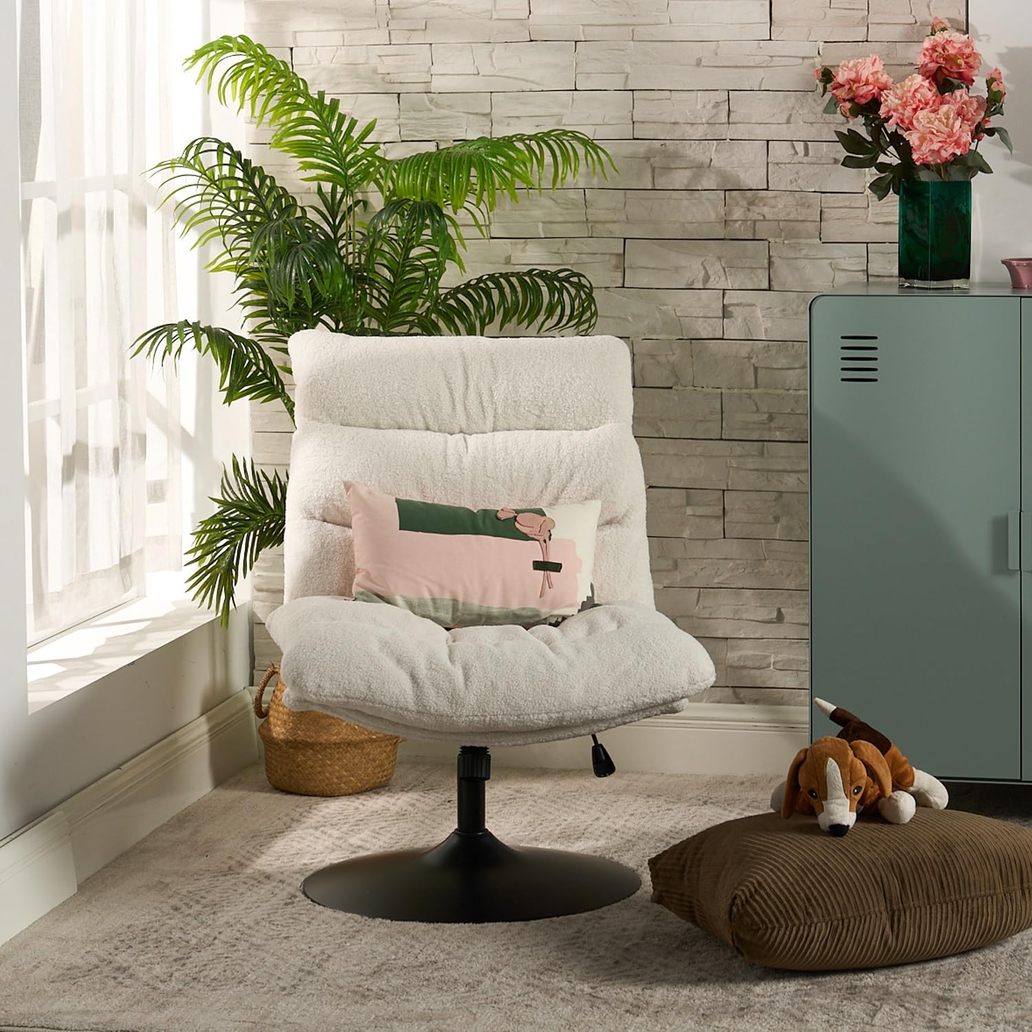 MEUBLE Cosy Sillón Giratoria 360° Butaca de Salón Función de Inclinación con Asiento Grueso Respaldo sin Reposabrazos en Tela de Bucle Blanco