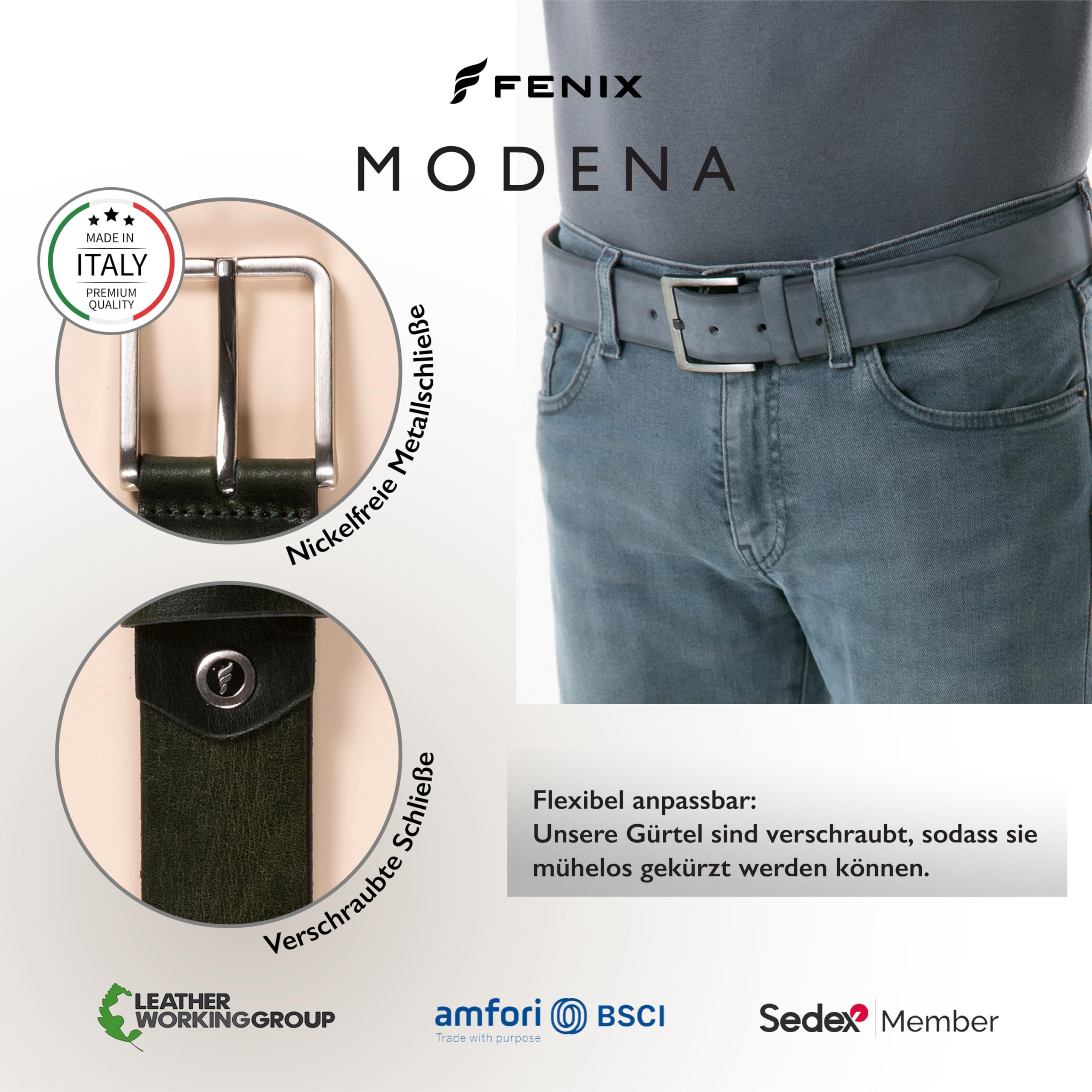 FENIX MODENA Gürtel Herren, verstellbarer Ledergürtel Fein Gebürstete Silberschließe, 35 mm breit, Gürtel aus Vollrindleder