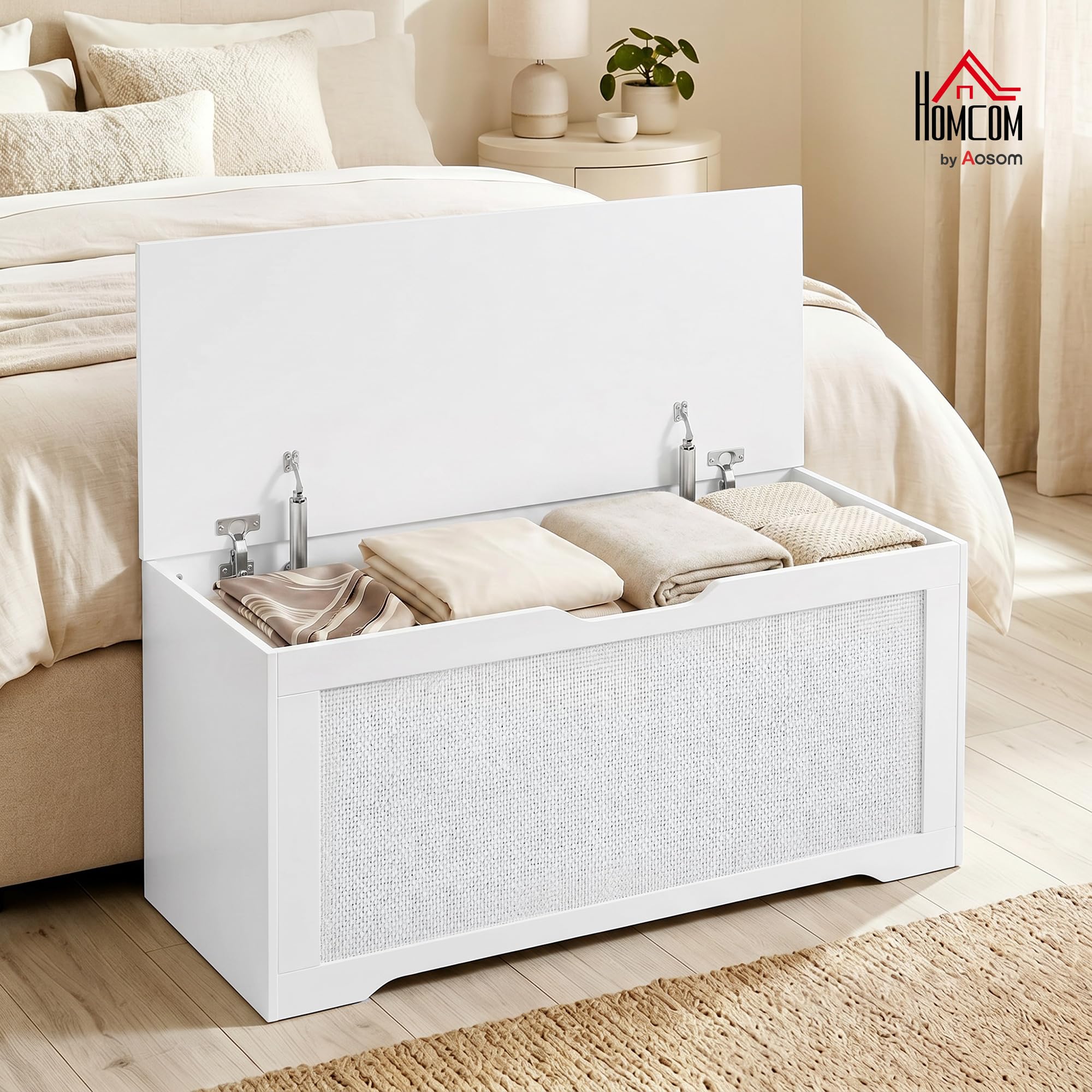 HOMCOM Baúl de Almacenaje 136L Banco de Almacenaje 100x40x45 cm Blanco | Panel de Ratán, Tapa Elevable, Brazos de Soporte, Diseño Sin Tiradores, para Recibidor, Pasillo, Dormitorio, Salón