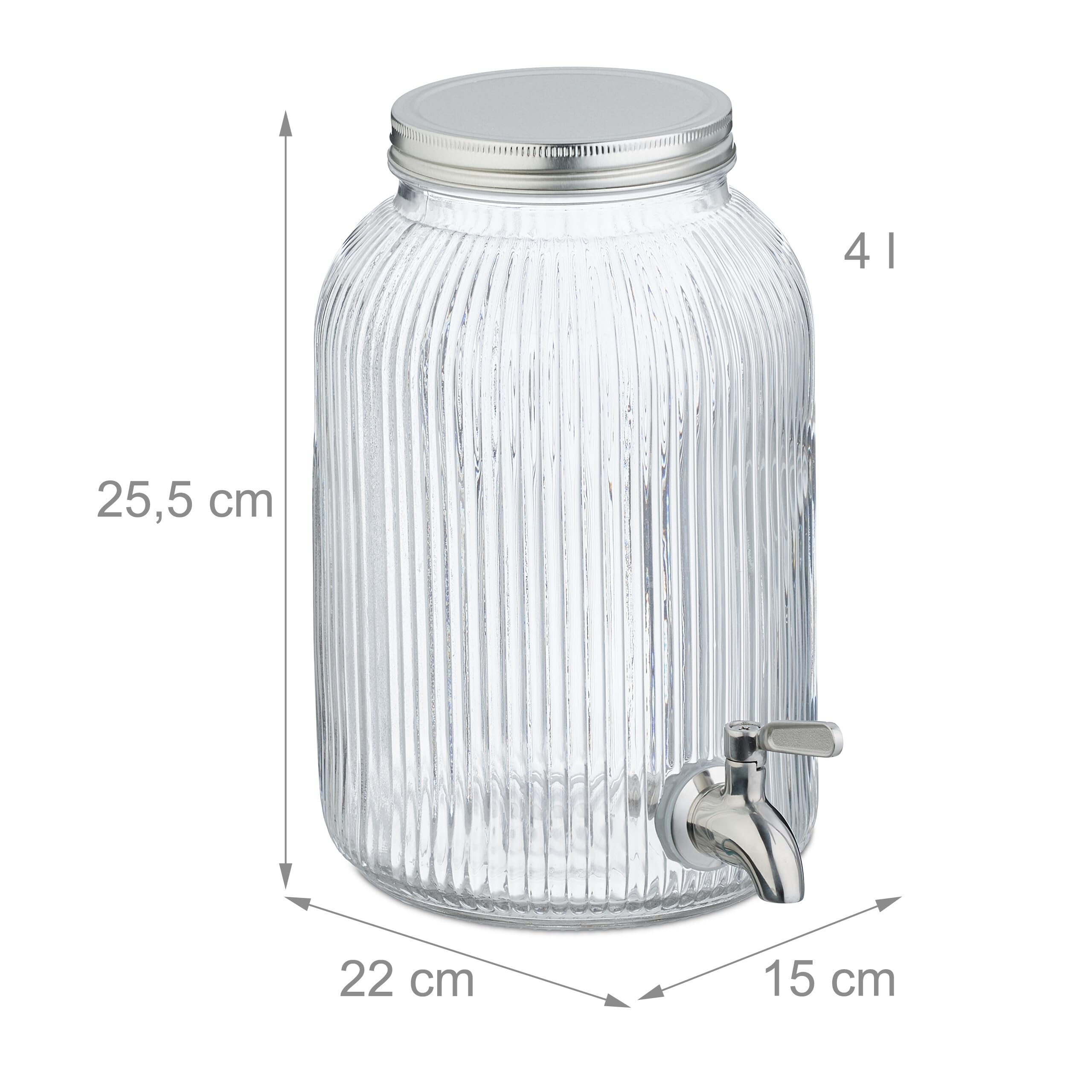 Relaxdays Dispenser in Vetro per Bevande 4 L, Erogatore con Rubinetto e Coperchio, Distributore Acqua, Bibite e Alcolici
