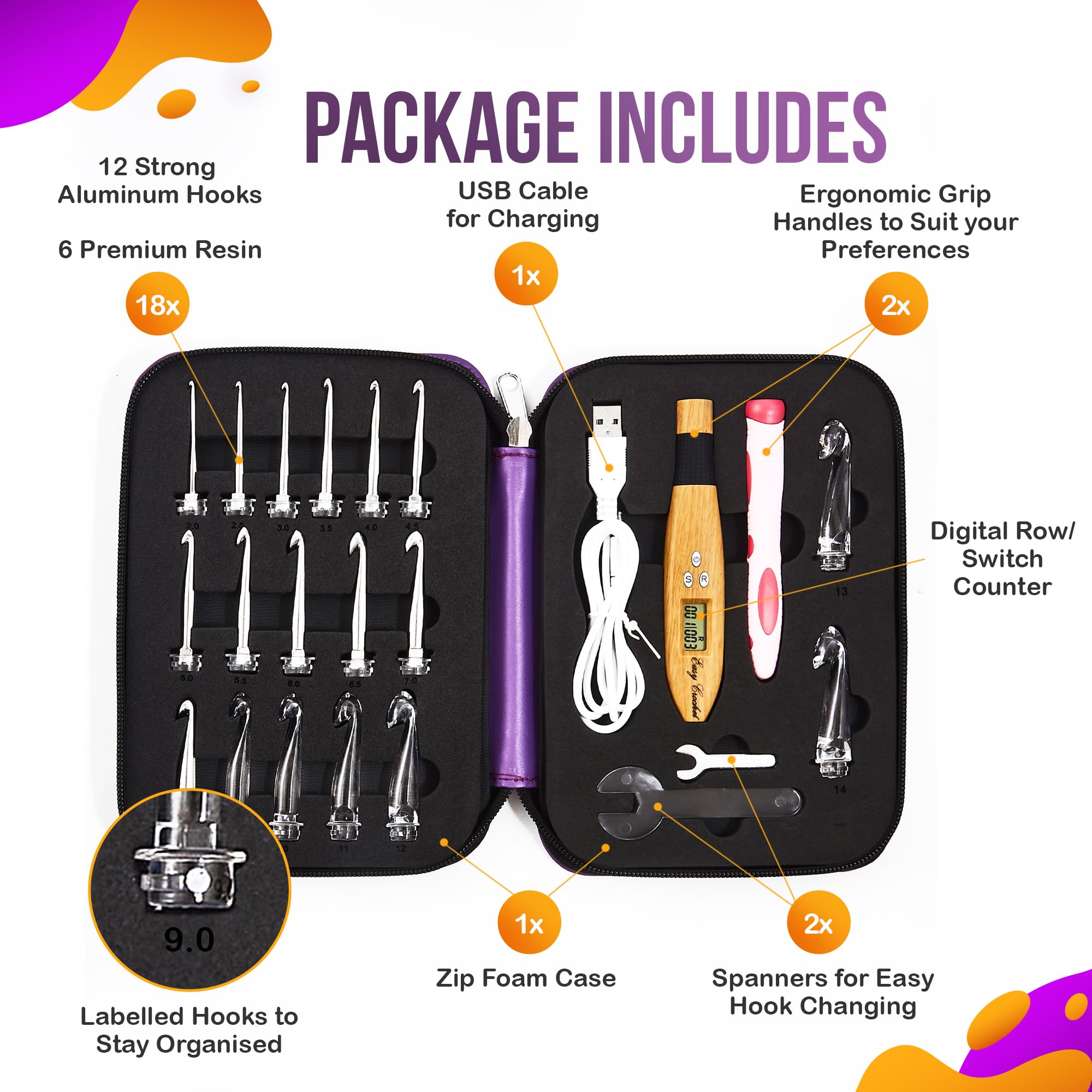 Easy Crochet 18-Piece Lighted Crochet Hook Set, Digital Row & Stitch Counter, Rechargeable LED Handle - Image 4