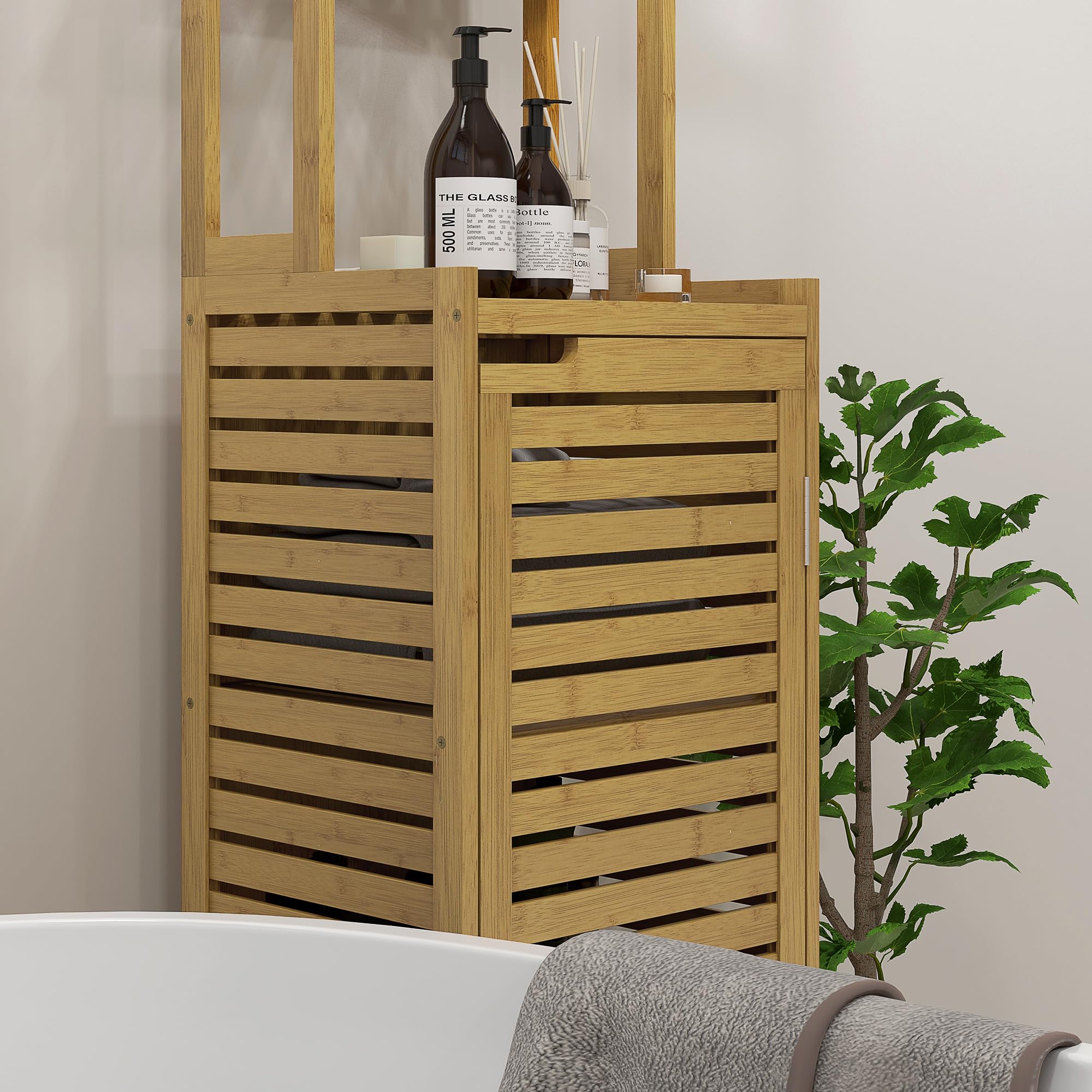 HOMCOM Meuble Colonne Salle de Bain en Bambou 38,5 x 33 x 170 cm Naturel | Armoire Haute, 3 Étagères, Placard 1 Porte, Meuble de Rangement sur Pied