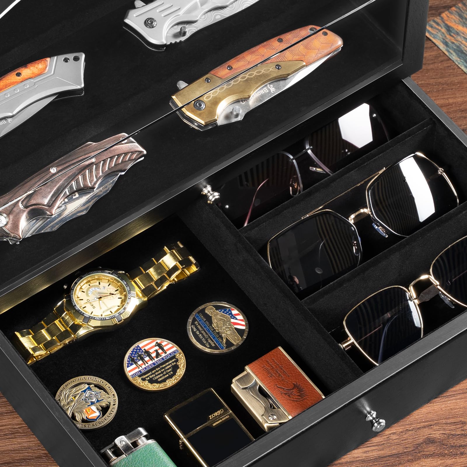 Coffret Poignard Bois, 2 Étages 3 Rangées Boîte Présentation Poignard avec Tiroir et Couvercle Transparent, Doublure Velours, Présentoir à Couteaux pour Collection, Cadeau (Noir)