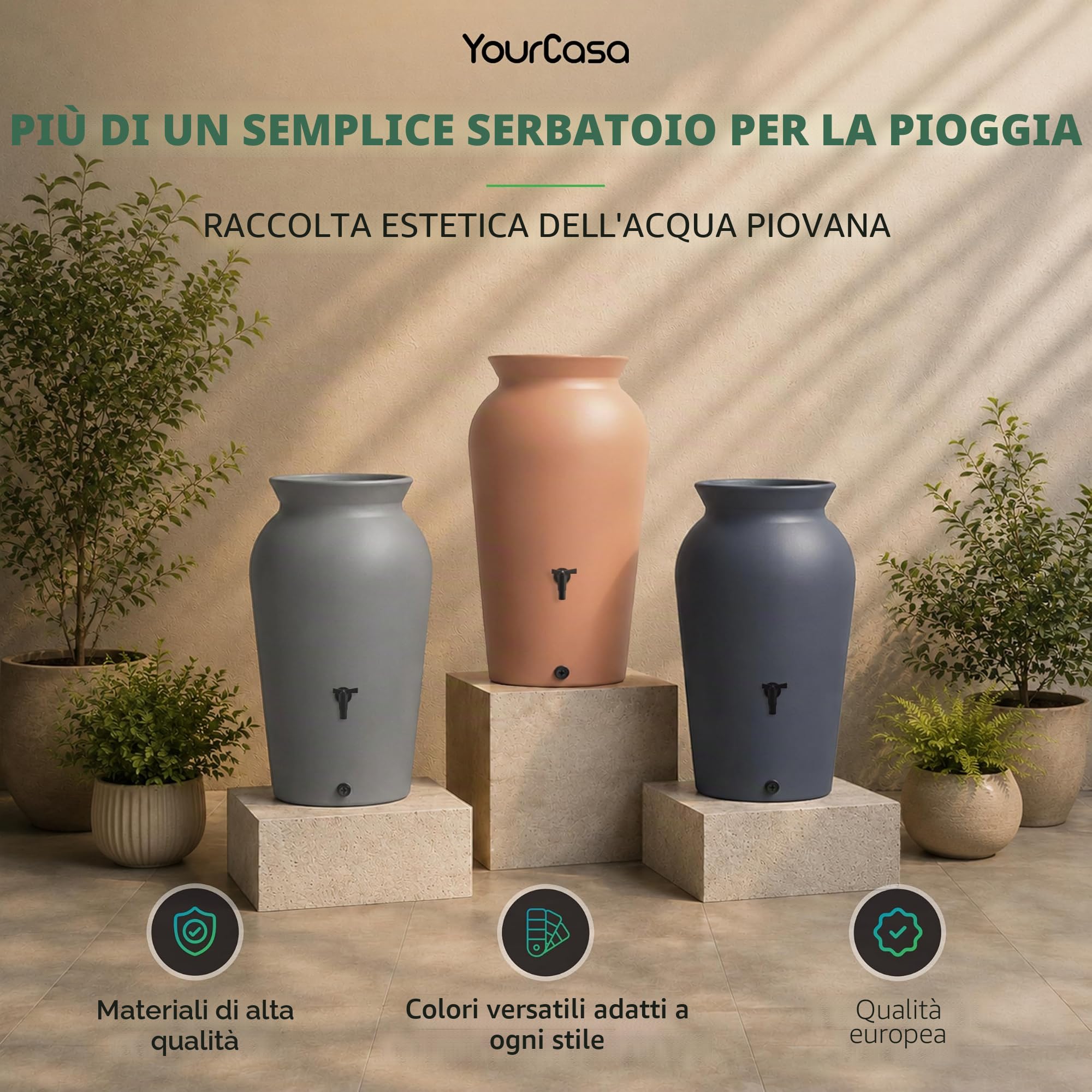 YourCasa Serbatoio Acqua Piovana 120 L, con Rubinetto e Filtro | Raccoglitore acqua piovana decorativo a forma di anfora, in plastica riciclata resistente UV, per giardino e terrazza