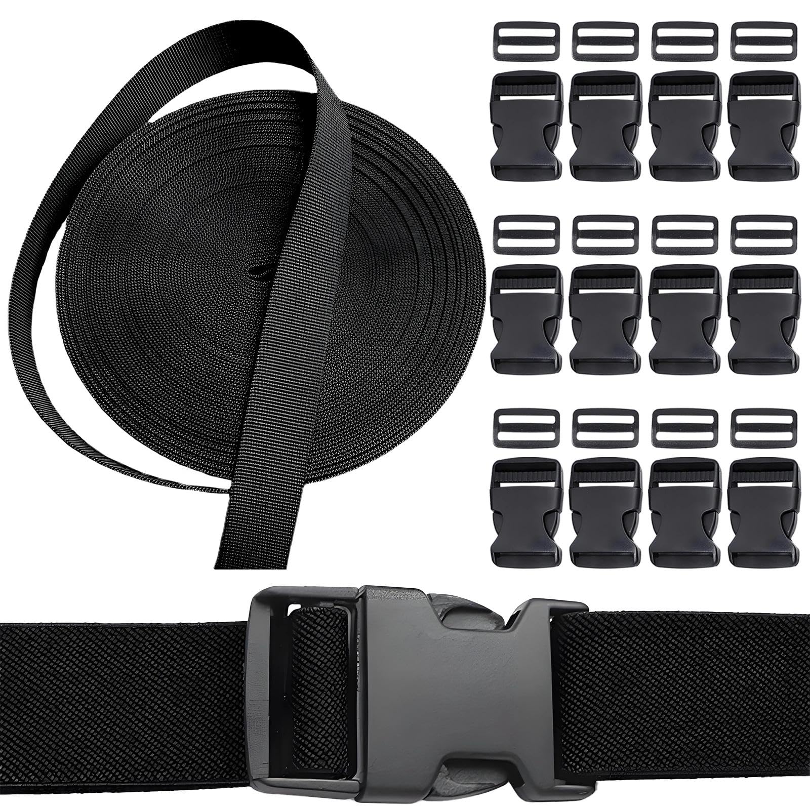 SHILIUZHI Heavy Duty Webbing Strap with Buckle Kit,10M x 2.5cm, 12 Pcs Adjustable Straps with Clips Buckles，Webbing Tape for Backpack, Bag, Luggage, Tent and DIY