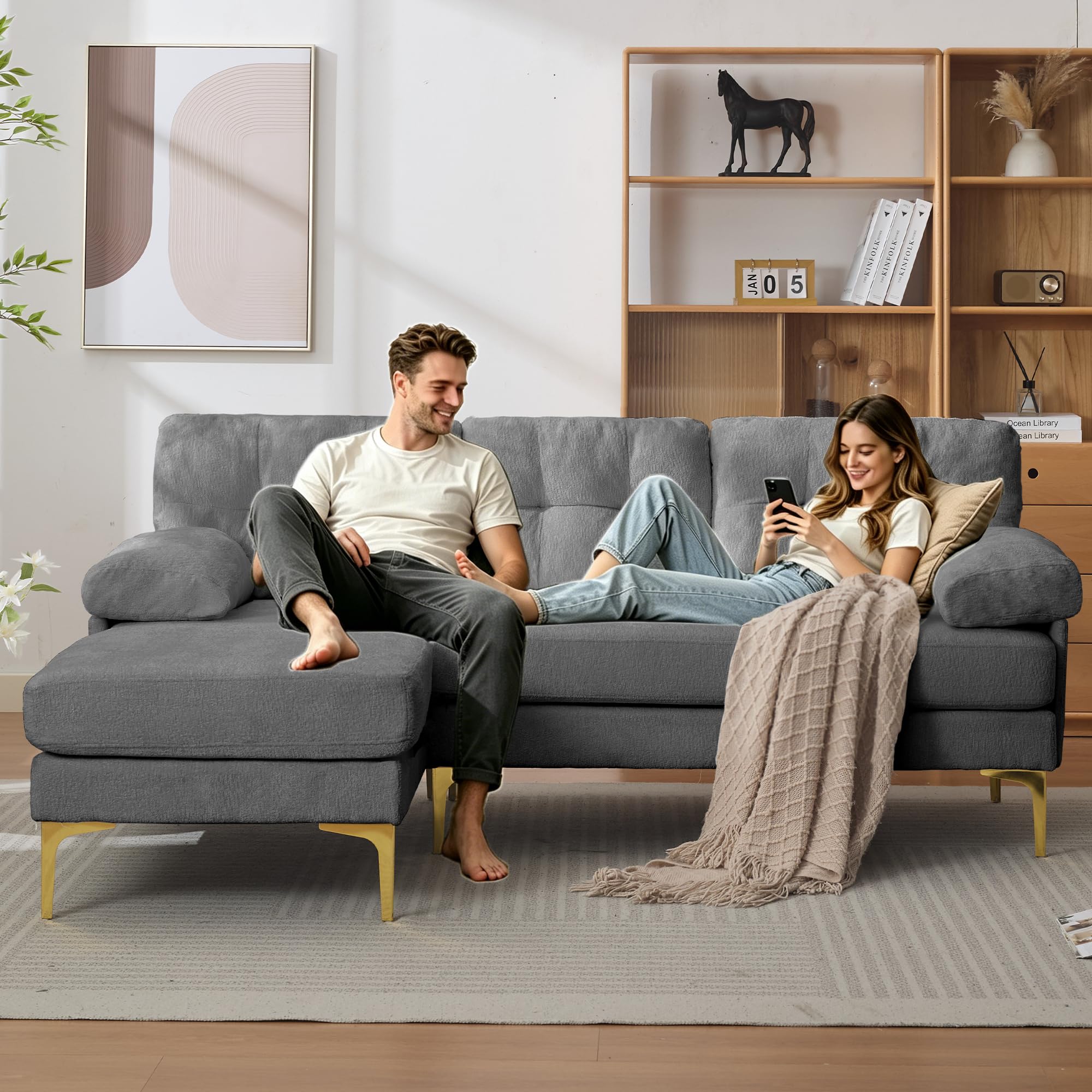 Generisch Szenilowa sofa 3-osobowa, w kształcie litery L, szara, wymienna strona do leżenia