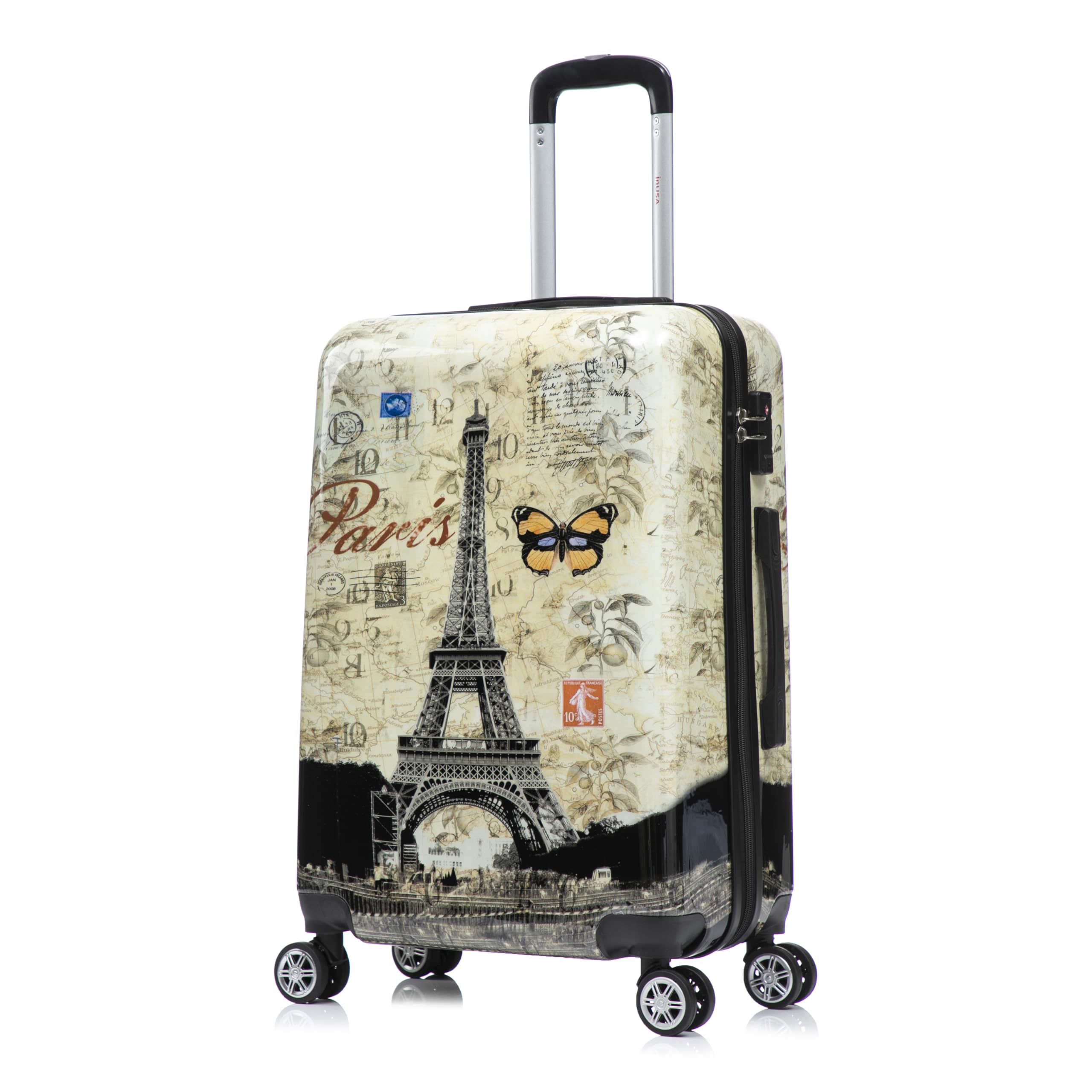 InUSA Paris Print Luggage with Spinner Wheels | Durable Lightweight Hardside Suitcase | Travel Bag with Handle and Trolley | 24-Inch Medium Checked luggage