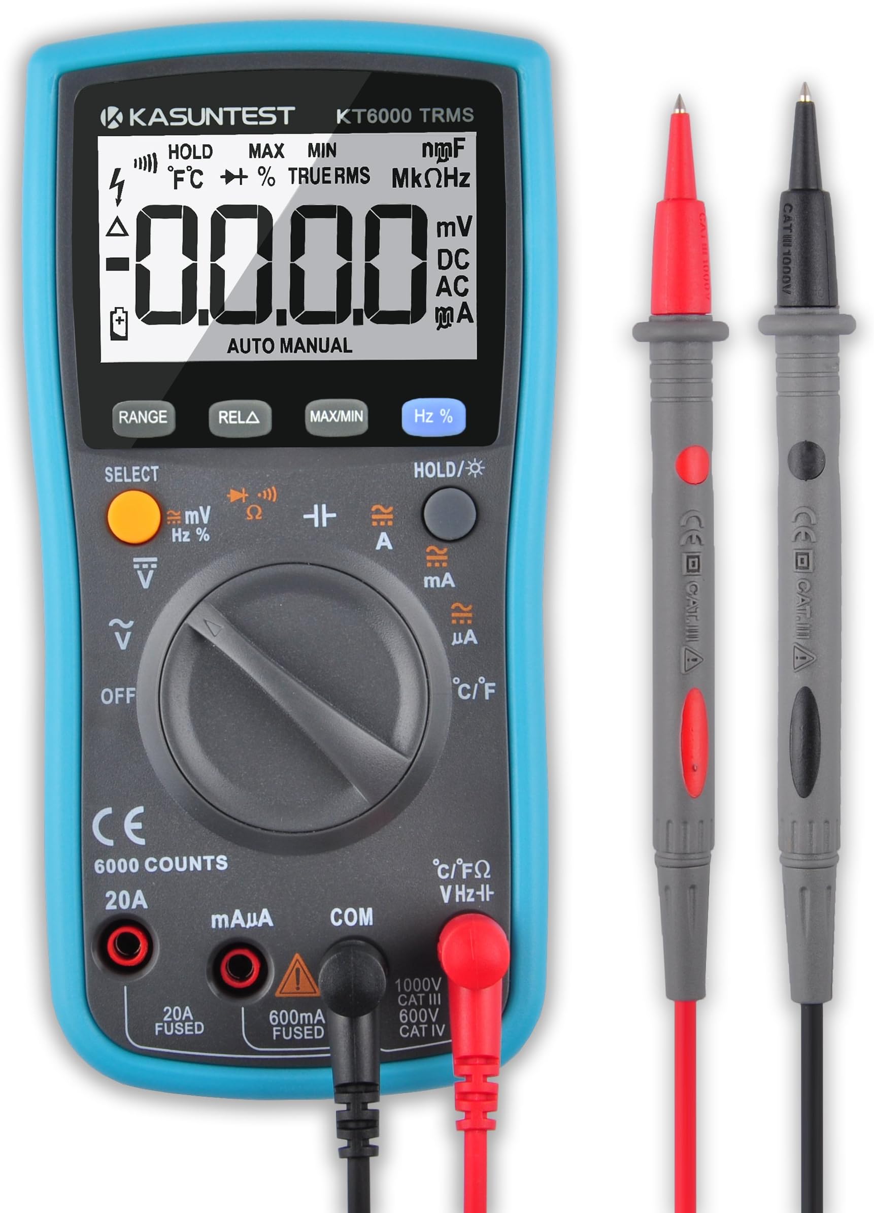 KASUNTEST 6000 Counts TRMS Digital Multimeter Electrical Tester/Circuit Tester with Capacitance Resistance Frequency Duty Cycle Temperature AC/DC Voltage Current Transistor Diode Buzzer Test