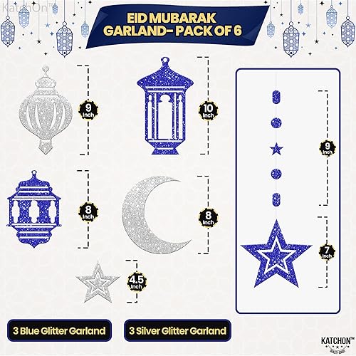 Miniatura 2 de KatchOn, Pancarta de feliz Ramadán plateado y azul  6 cuerdas, sin bricolaje  Decoración de luna de Ramadán para decoraciones colgantes de Ramadán