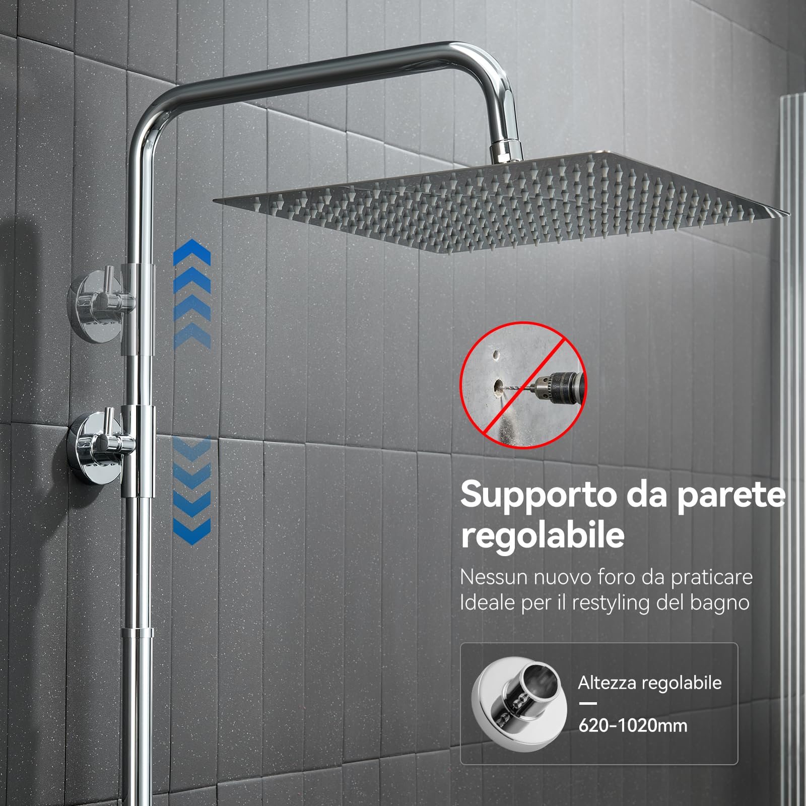 Auralum Colonna Doccia senza Miscelatore, Colonna Doccia Acciaio Inox con Saliscendi Doccia Altezza Regolabile 72-110cm, Asta Doccia con Soffione e Doccetta, Doccia Soffione con Doccetta Cromo 25x25cm