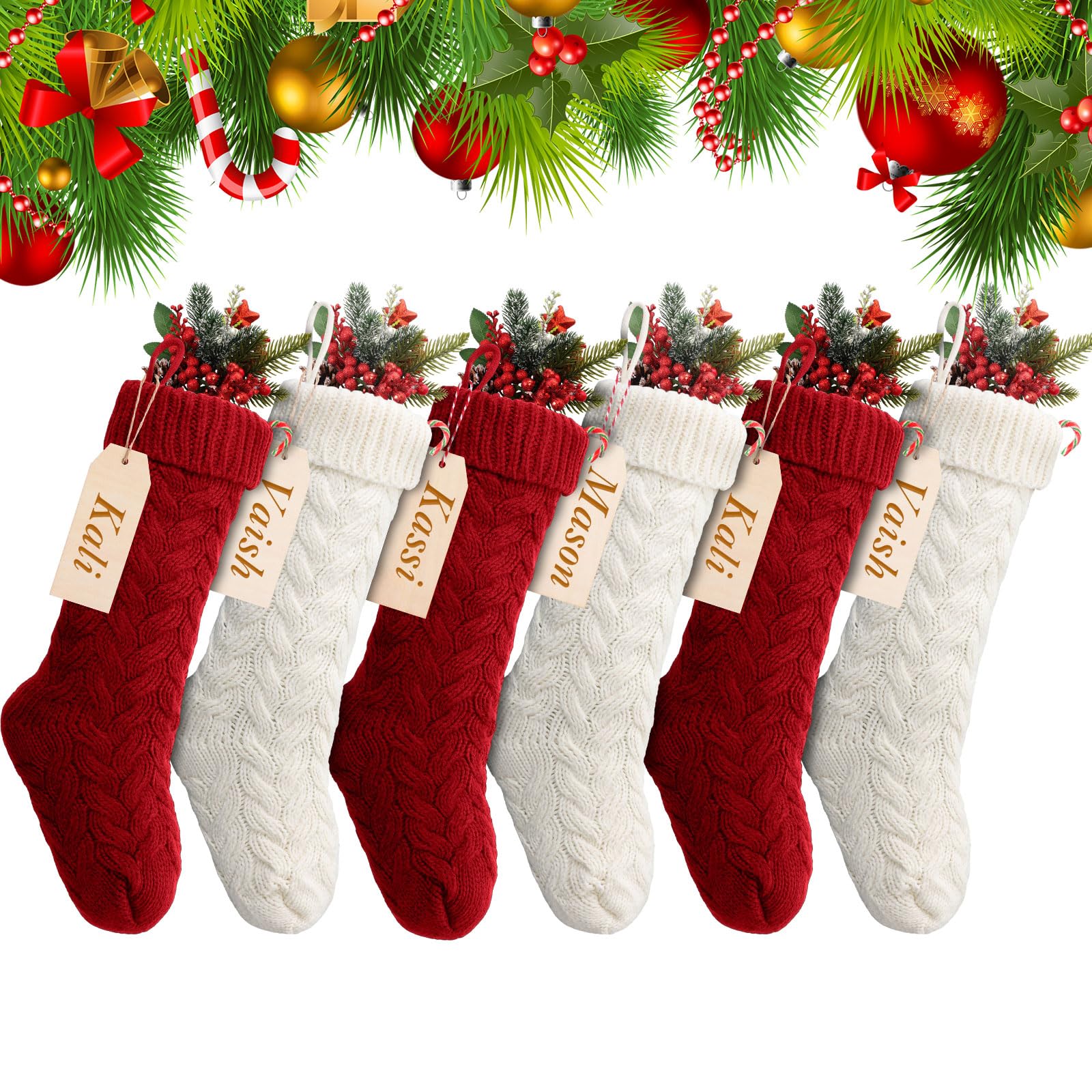 Lot de 6 chaussettes de Noël tricotées de 45,7 cm avec étiquettes de nom pour décoration de Noël en famille (bordeaux, blanc ivoire)