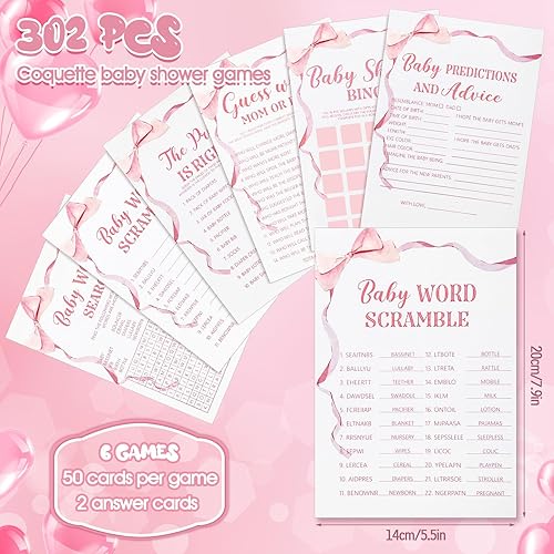 Miniatura 2 de Ctosree 302 carteles de acuarela con lazo rosa para baby shower, 6 juegos, 50 hojas cada uno, predicciones minimalistas y consejos de bingo