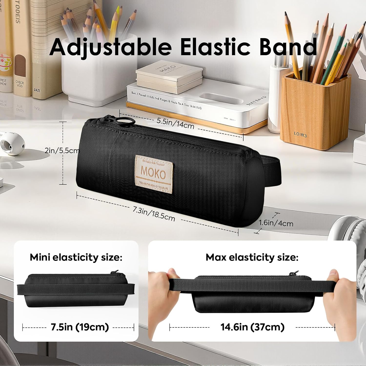 MoKo Pen Holder for Notebook, Pencil Pouch with Adjustable Elastic Band, Slim Portable Zipper Pen Pouch Holder for Planners, Journals, Book, Black