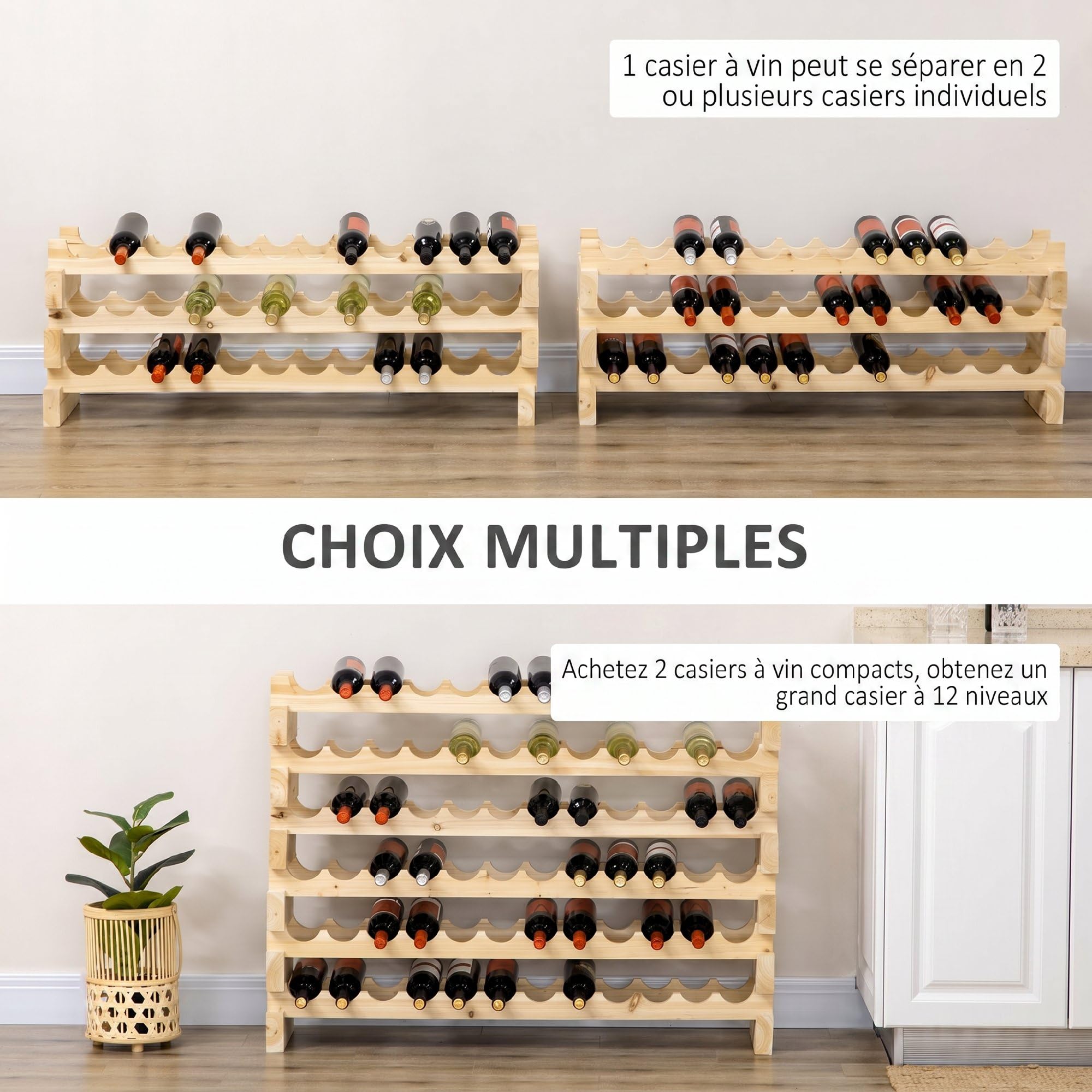 HOMCOM Casier à Bouteilles pour 72 Bouteilles 114x28x85cm Bois Naturel | Étagère à Vin 6 Niveaux Modulable Superposable, Bois de Sapin Massif, pour Cave Bars Sous-Sols