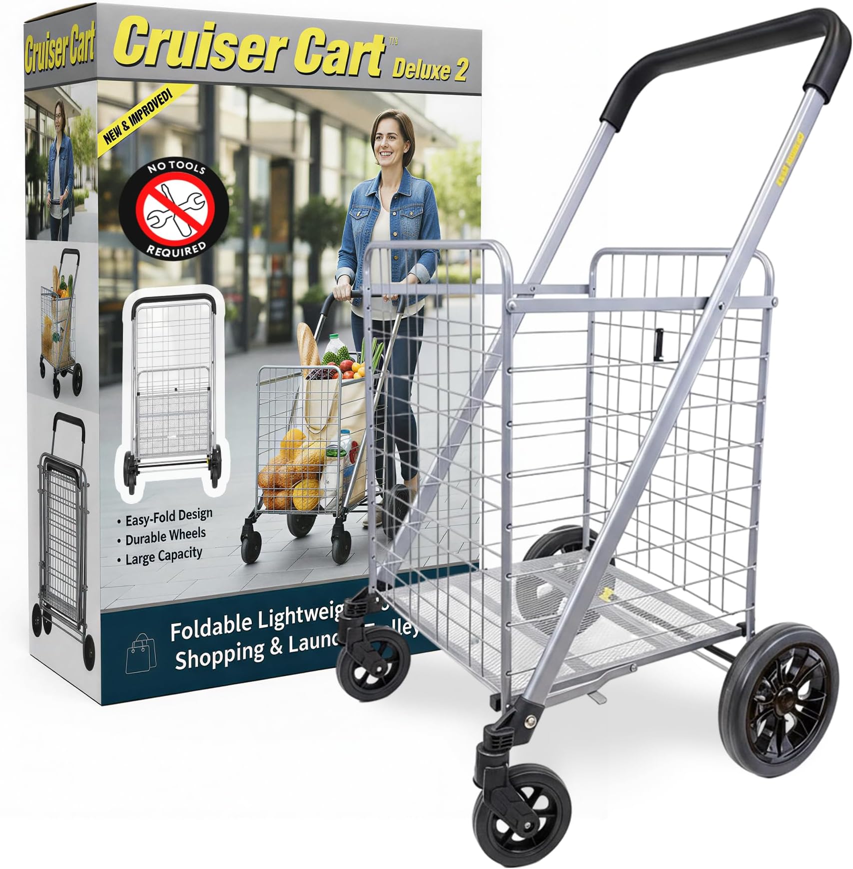 Cruiser Cart Deluxe 2 - Foldable Shopping Cart with Wheels & Brake System - Heavy Duty Collapsible Utility Cart for Groceries & Laundry - Holds 100 lbs - Silver, Alloy Steel