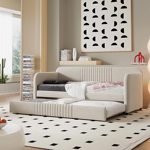 Twin Daybed with Trundle, Velvet Upholstered Tufted Sofa Bed with Sturdy Wood Frame, Space-Saving Day Bed for Bedroom or Living Room, No Box Spring Needed, Beige