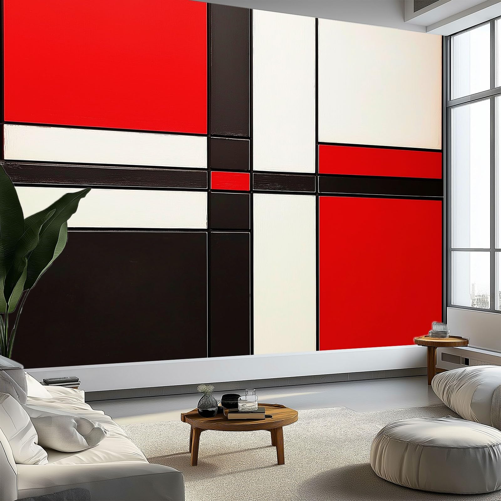 Poster mural panoramique abstrait rouge en papier peint intissé géométrique haut de gamme
