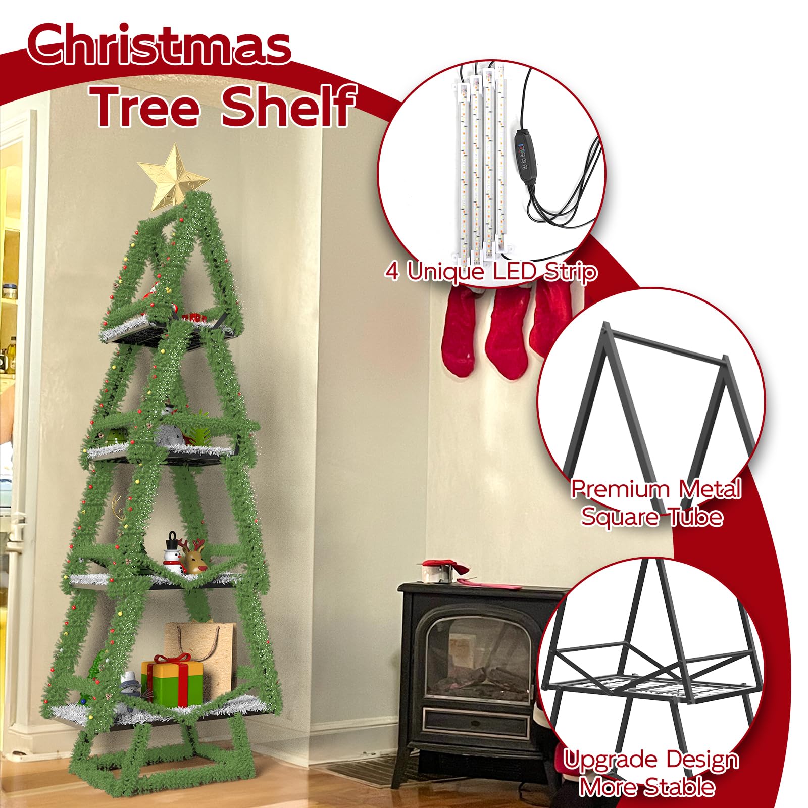 DoubleFill 6 Tier 72 Inch Christmas Tree Village Stand Christmas Bookshelf Display Supply Large Xmas Ornament Displays Tree Stands Xmas Wooden Display Trees Stand For Holiday Displays(Circle