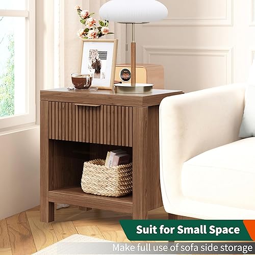 Miniatura 4 de Juego de 2 mesas auxiliares con almacenamiento, mesa auxiliar pequeña, mesita de noche de madera con cajón y almacenamiento de apertura, mesa