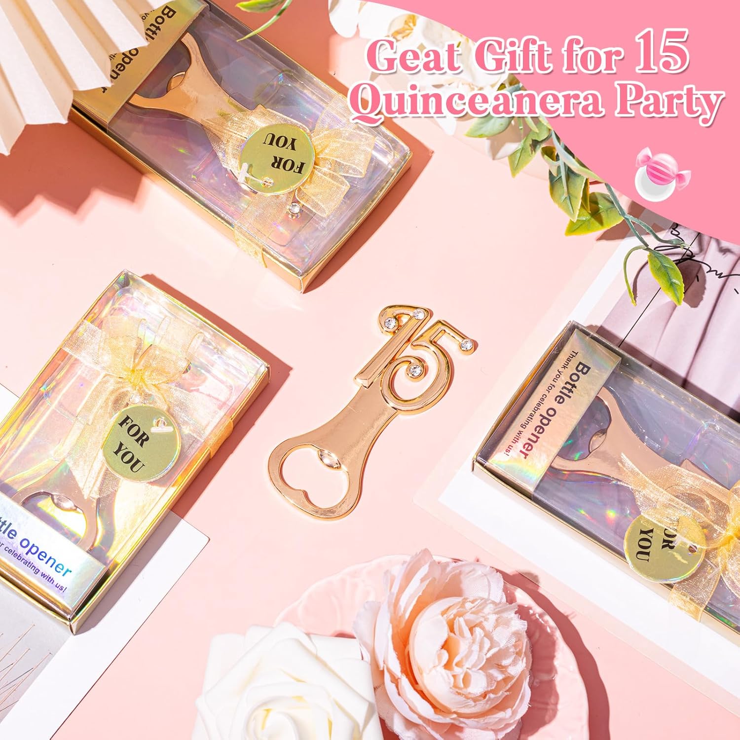 Uiifan 50 Pcs Bottle Openers for 15th Birthday Party Favors Quinceanera Wedding Gifts Decorations or Souvenirs with Gift Boxes Golden Anniversary Party Favors for Guests with Rhinestones
