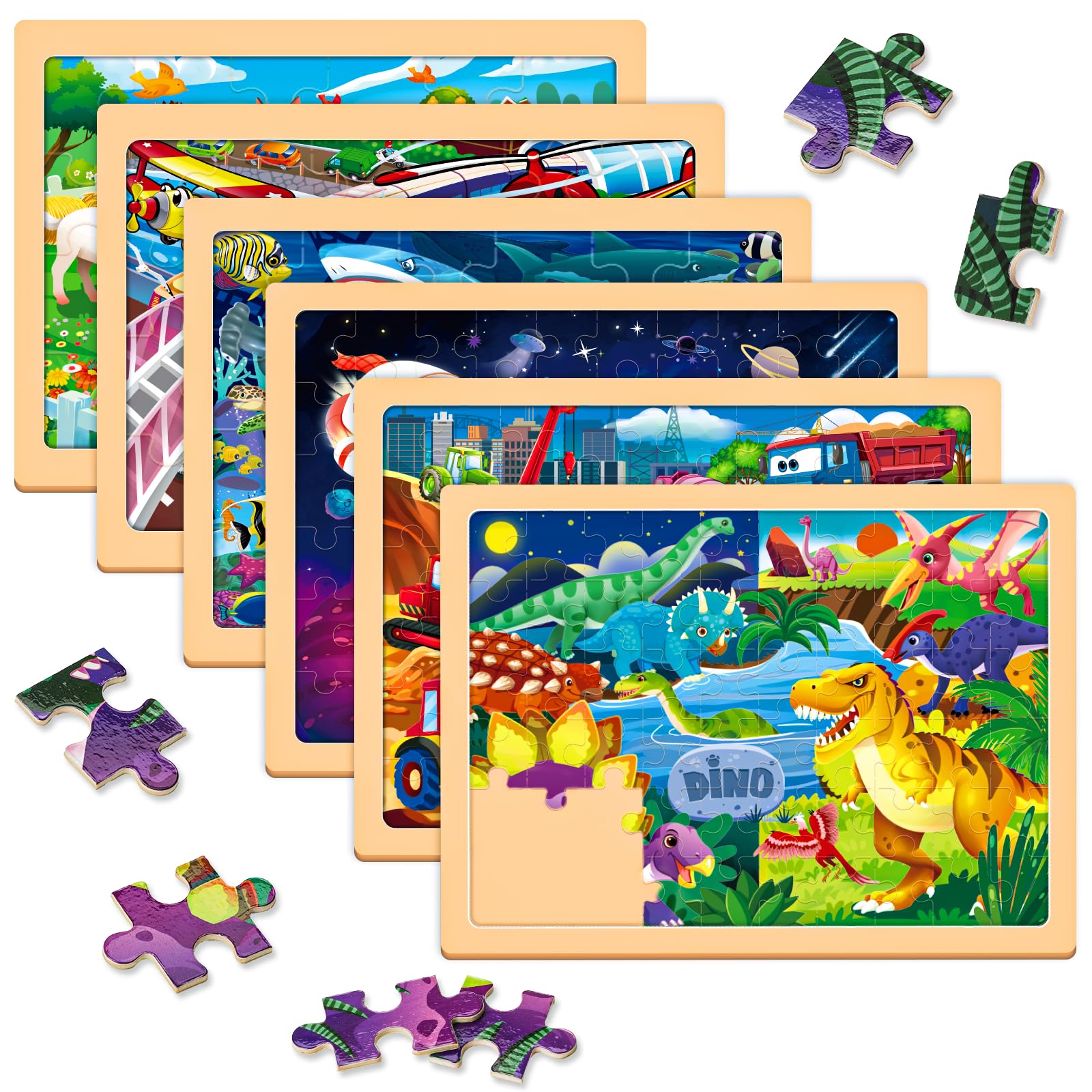Vextronic Wooden Puzzles for Kids Ages 4-6, 11.8"x8.8" 6 Packs Jigsaw Puzzles 24 & 60 pcs for Toddlers, Wood Toddler Puzzles, Safe Educational Kids